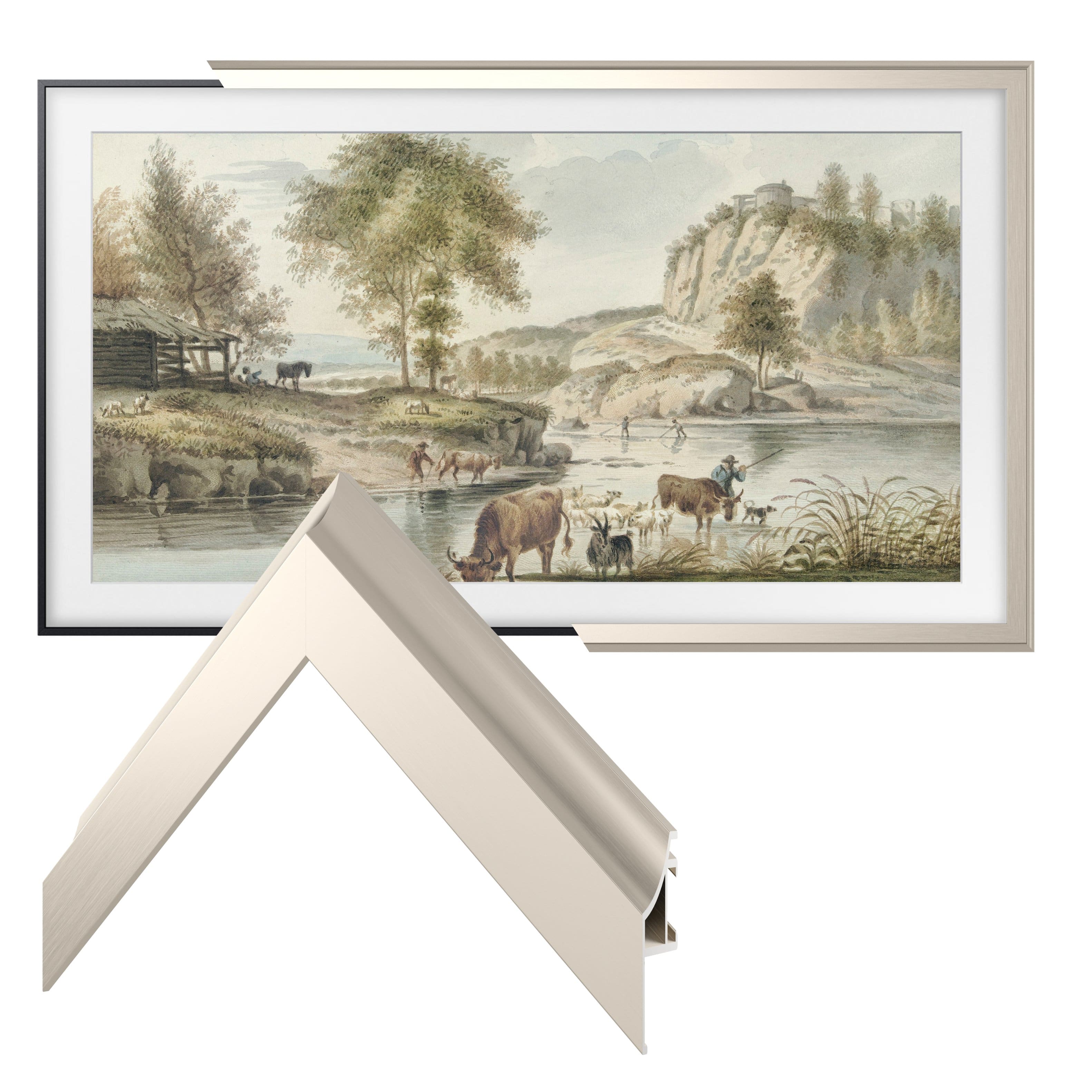 Left. Deco TV Frames - Alloy Scoop Bezel for Samsung The Frame and Frame Pro TV - 50" - German Silver.