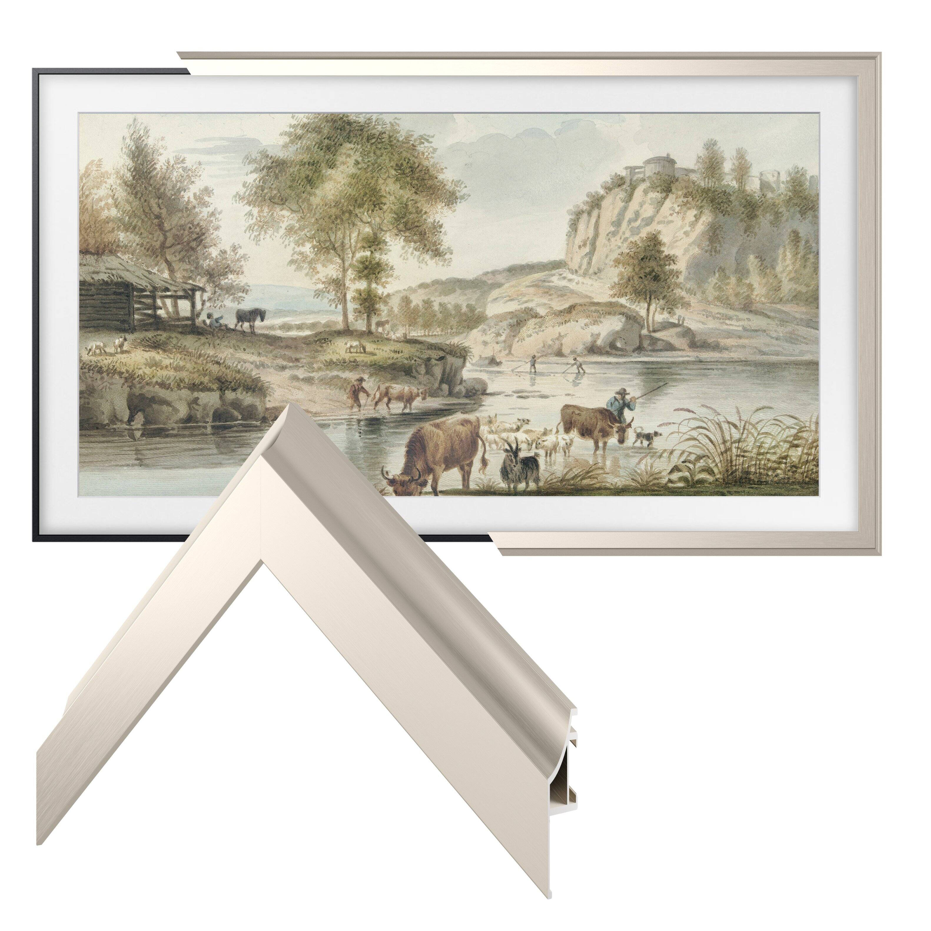 Left. Deco TV Frames - Alloy Scoop Bezel for Samsung The Frame and Frame Pro TV - 50" - German Silver.