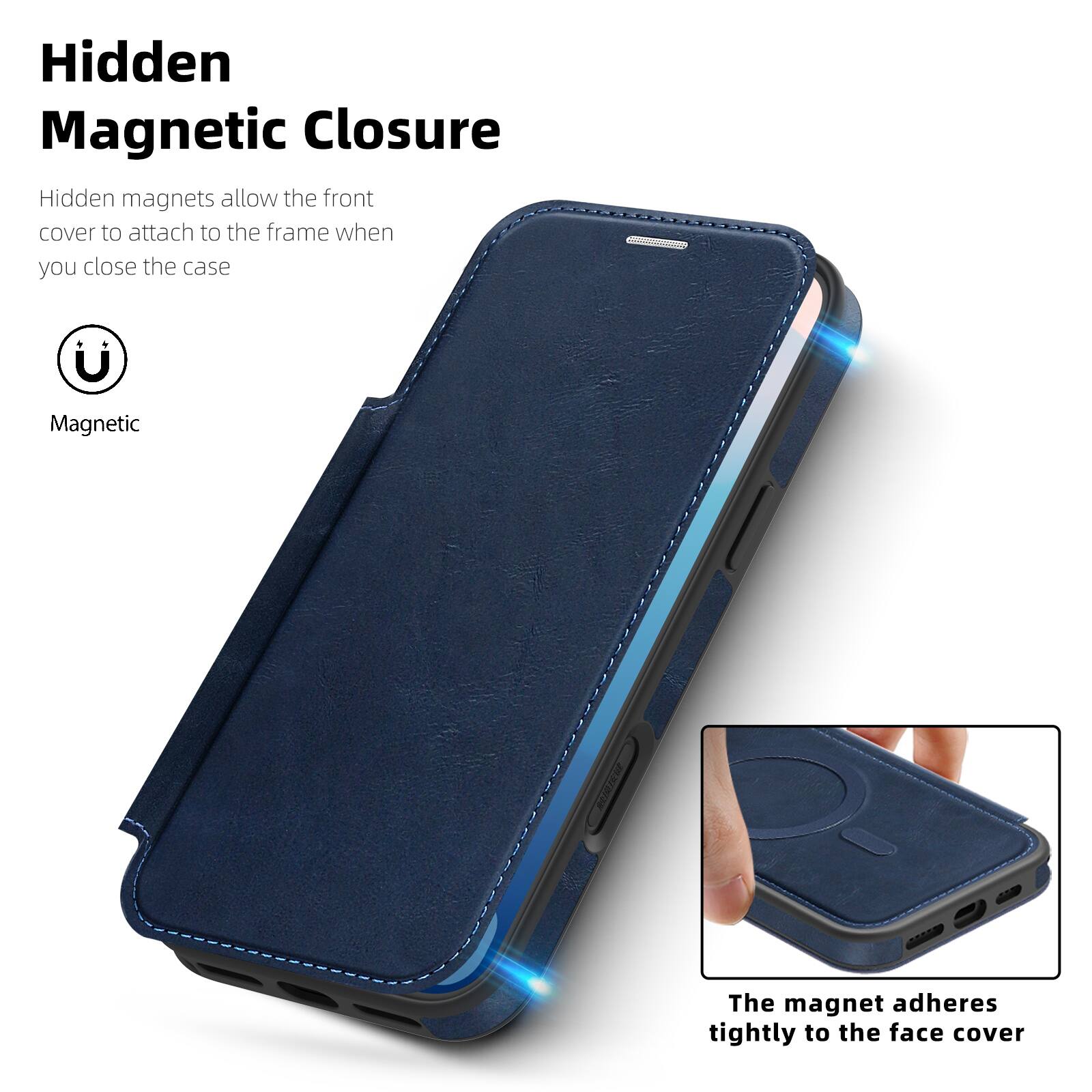 Hidden Magnetic Closure  
Hidden magnets allow the front cover to attach to the frame when you close the case  

Magnetic  
The magnet adheres tightly to the face cover