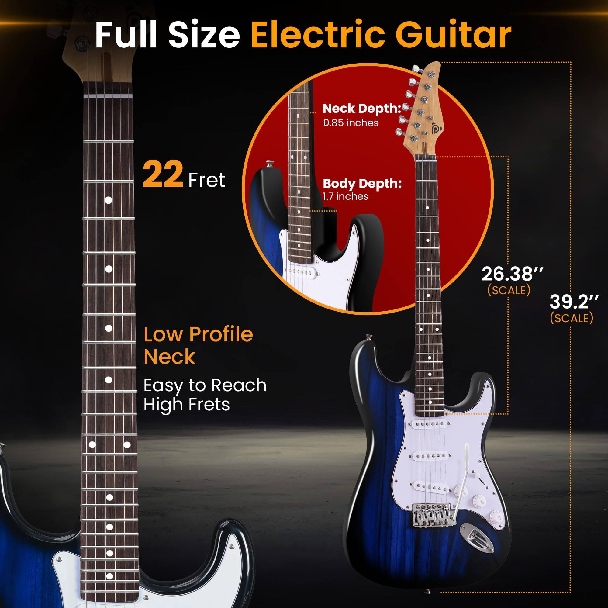 Full Size Electric Guitar  
Neck Depth: 0.85 inches  
Body Depth: 1.7 inches  
22 Fret  
Low Profile Neck  
Easy to Reach High Frets  
26.38" (SCALE)  
39.2" (SCALE)
