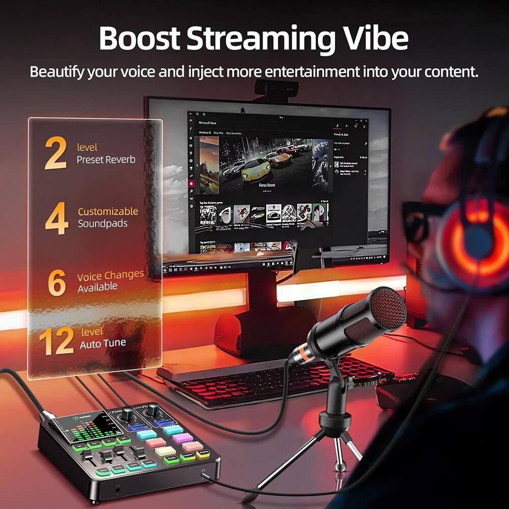 Boost Streaming Vibe  
Beautify your voice and inject more entertainment into your content.  

- 2 level Preset Reverb  
- 4 Customizable Soundpads  
- 6 Voice Changes Available  
- 12 level Auto Tune