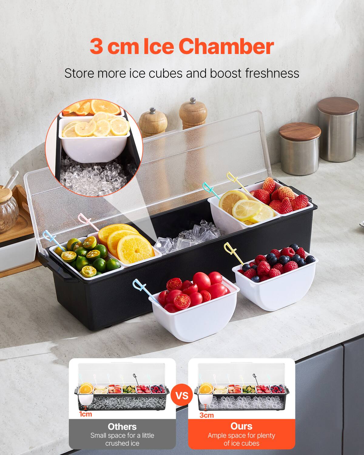 3 cm Ice Chamber  
Store more ice cubes and boost freshness  

3 cm Ours  
Ample space for plenty of ice cubes  

1 cm Others  
Small space for a little crushed ice