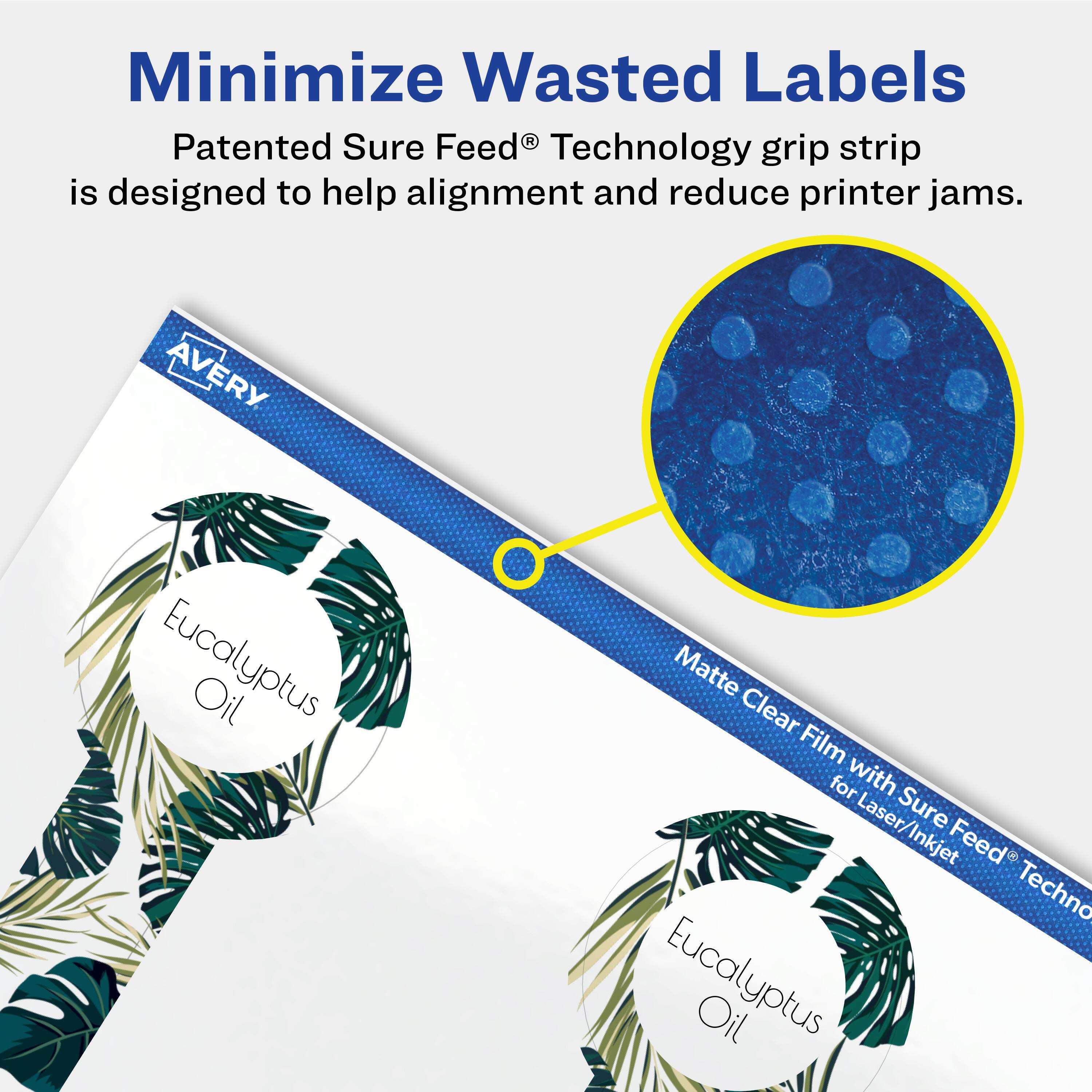Minimize Wasted Labels

Patented Sure Feed® Technology grip strip is designed to help alignment and reduce printer jams.

AVERY Eucalyptus Oil Matte Clear Film for Laser/Inkjet Sure Feed® Technology