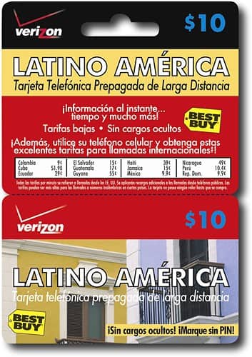Front Standard. Verizon - $10 Latin American Amiga Prepaid Phone Card Plus.