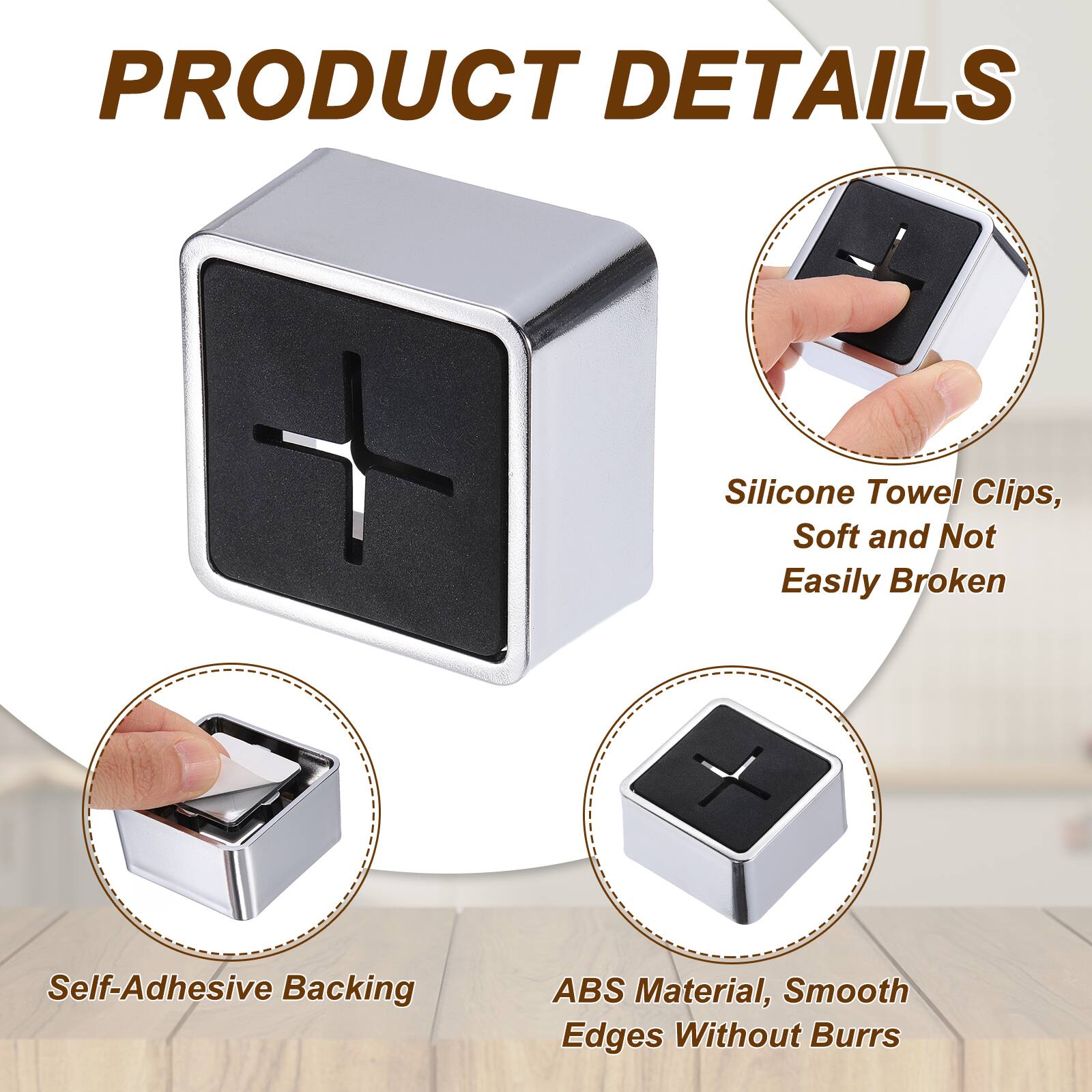 PRODUCT DETAILS

- 7 Silicone Towel Clips, Soft and Not Easily Broken
- Self-Adhesive Backing
- ABS Material, Smooth Edges Without Burrs