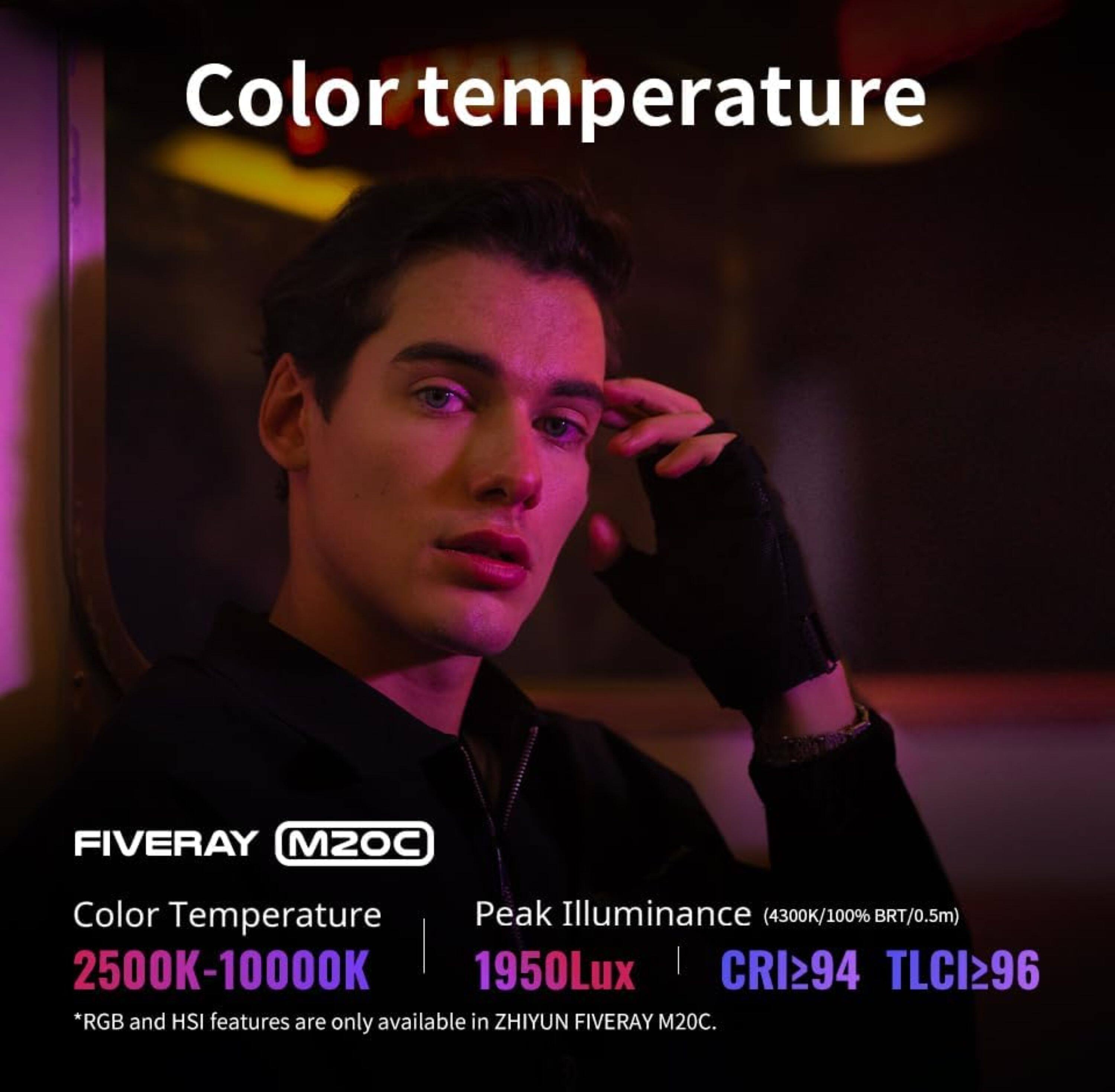 Color Temperature FIVERAY M20C Color Temperature Peak Illuminance (4300K/100% BRT/0.5m) 2500K-10000K 1950Lux CRI>94 TLCI296 *RGB and HSI features are only available in ZHIYUN FIVERAY M20C.