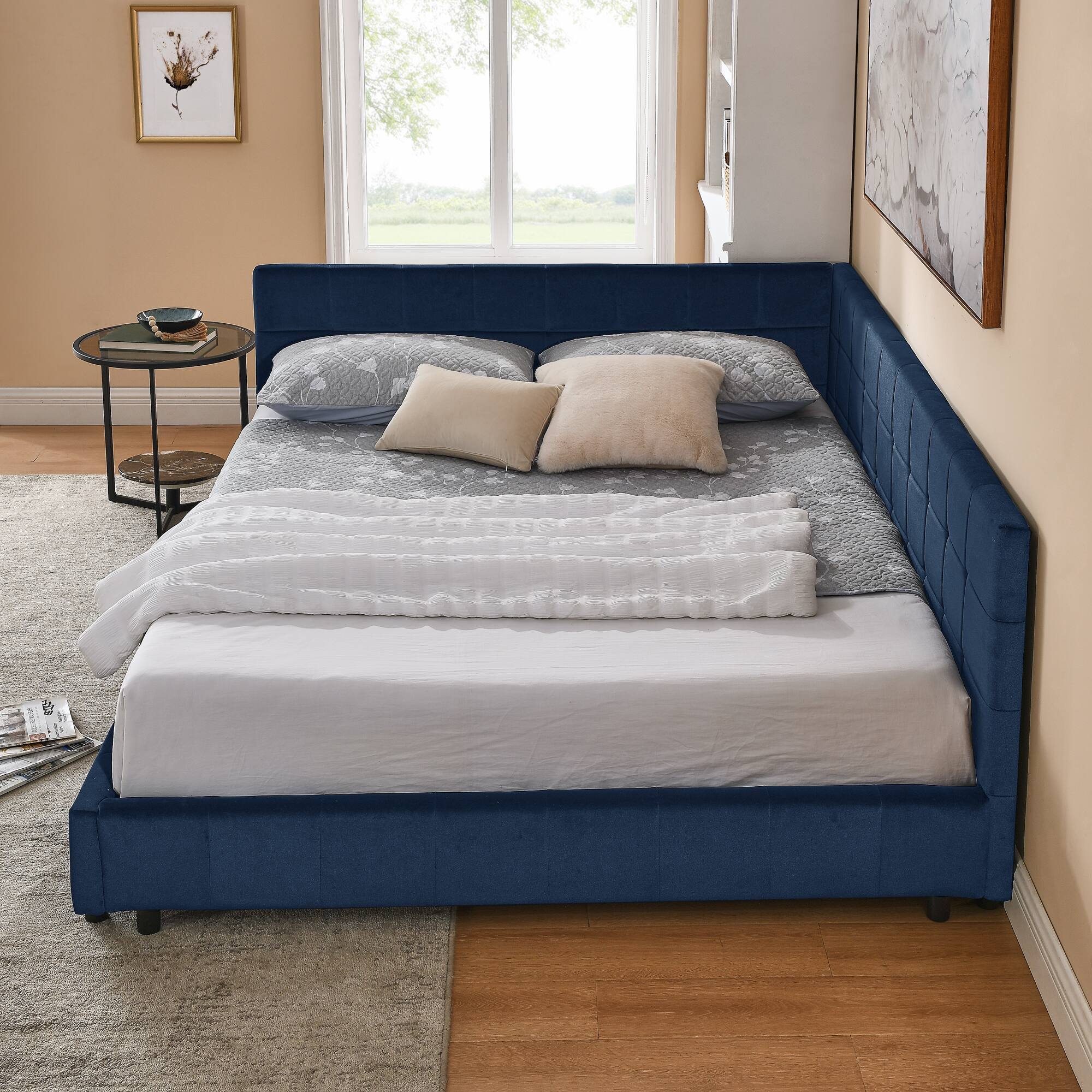 Back. Anysun - Queen Velvet Tufted Sofa Bed Frame - with Comfortable Backrest & Armrests for Bedroom or Living Room - Blue.