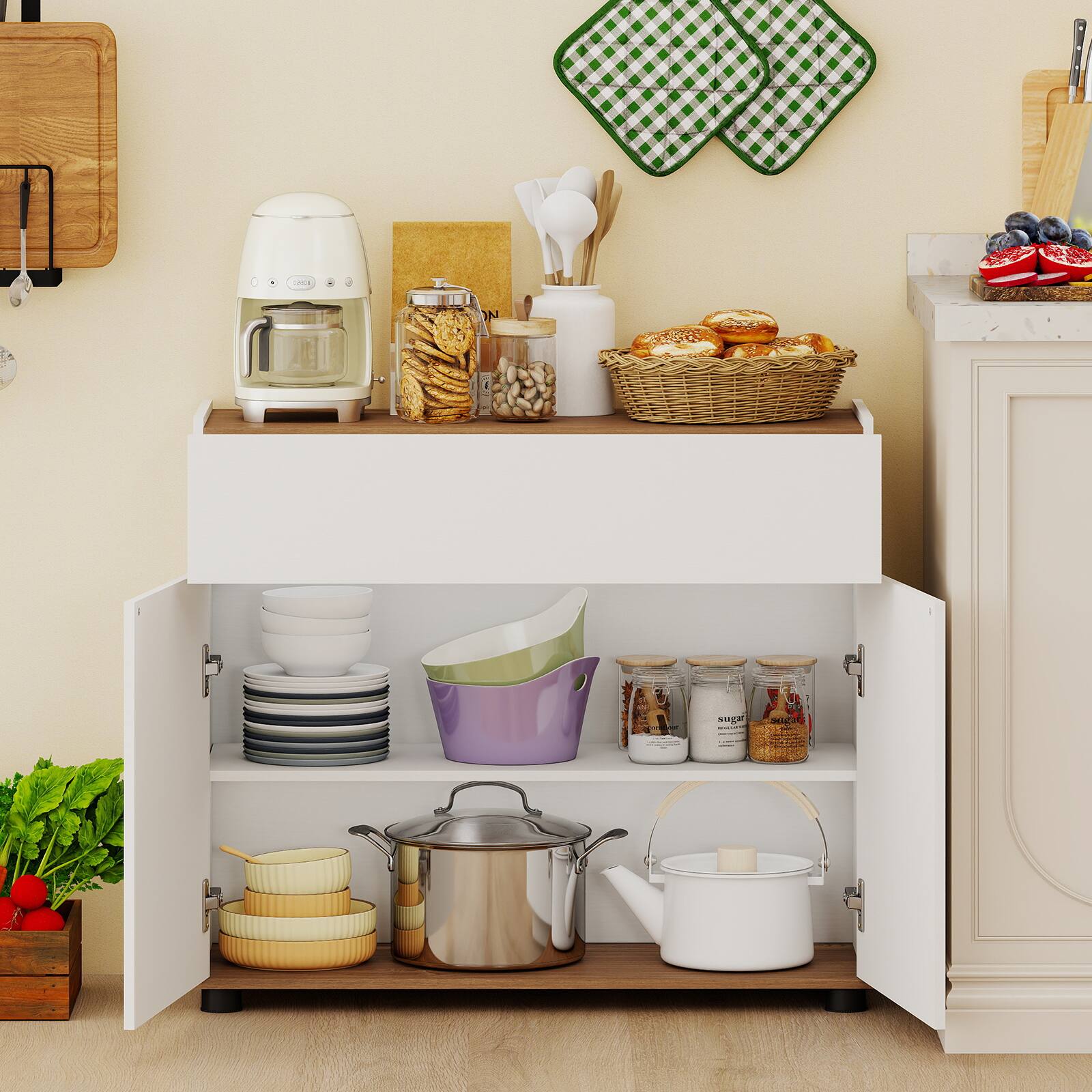 Alt View 4. Costway - Costway Sideboard Buffet Cabinet with Storage, Drawer and Push-to-Open Doors for Kitchen - White.