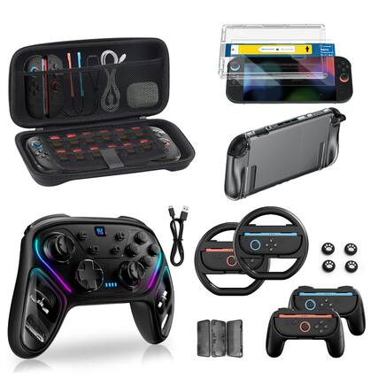 Front. Reds Spade - 2 Pro Controllers Accessories Bundle For 17-in-1 Carrying Case Screen Protector Thumb Grip Joycon Dockable - Black Controller (Advanced).