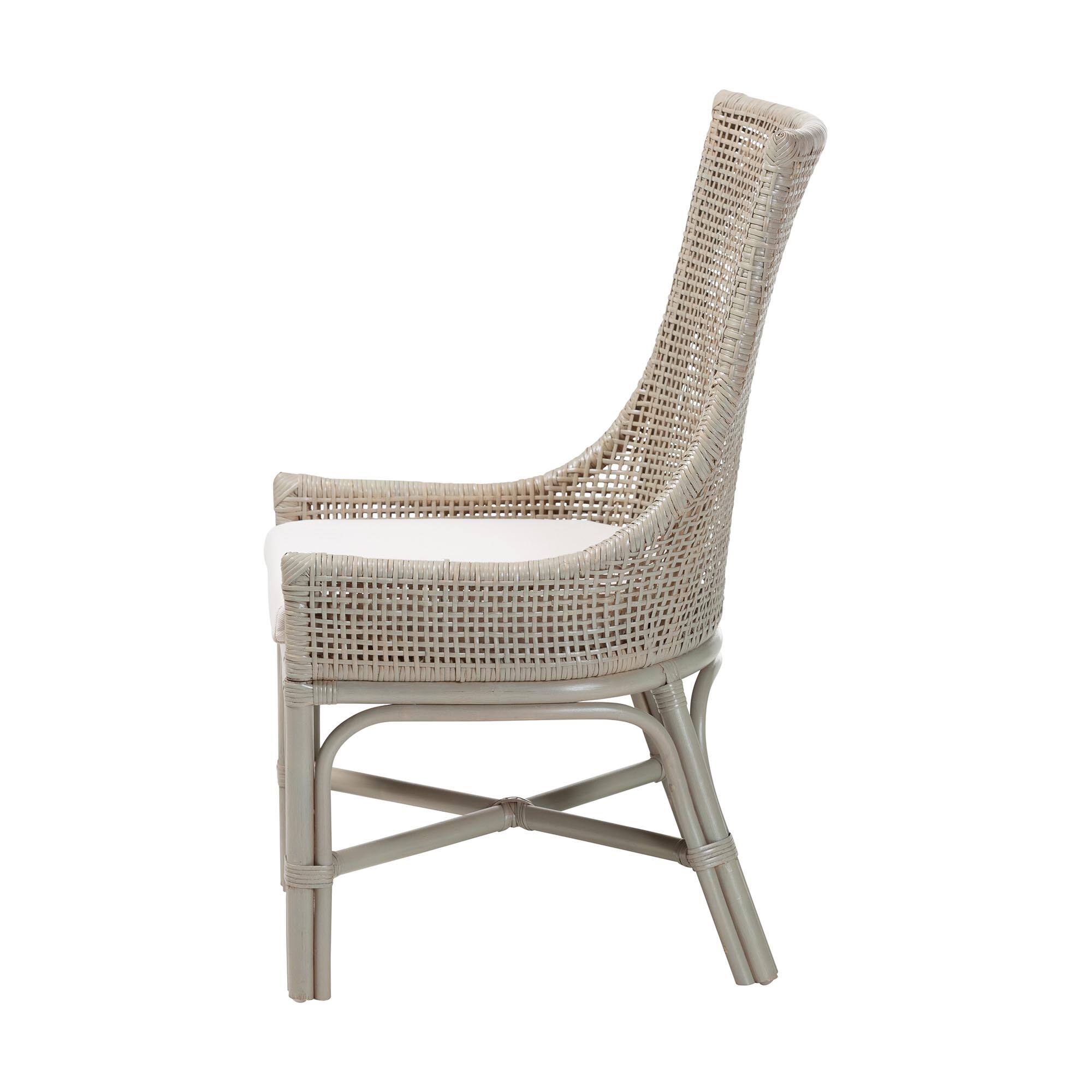 Left. bali & pari - Bella Rattan Dining Chair with Cushion - Handwoven Wicker Accent Side Chair with High Backrest, Coastal Boho Seating - French Grey.