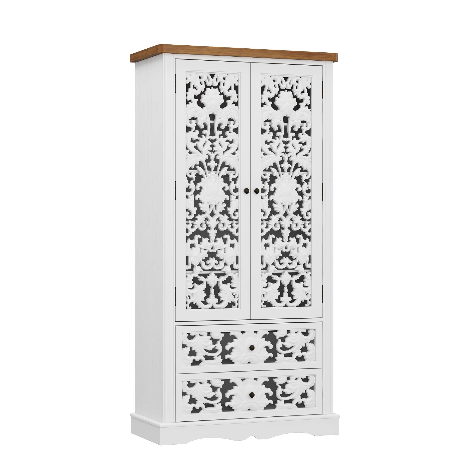 Angle. Famapy - Famapy Decorative Storage Cabinet with Hollow - Out Floral Design - White & Wooden.