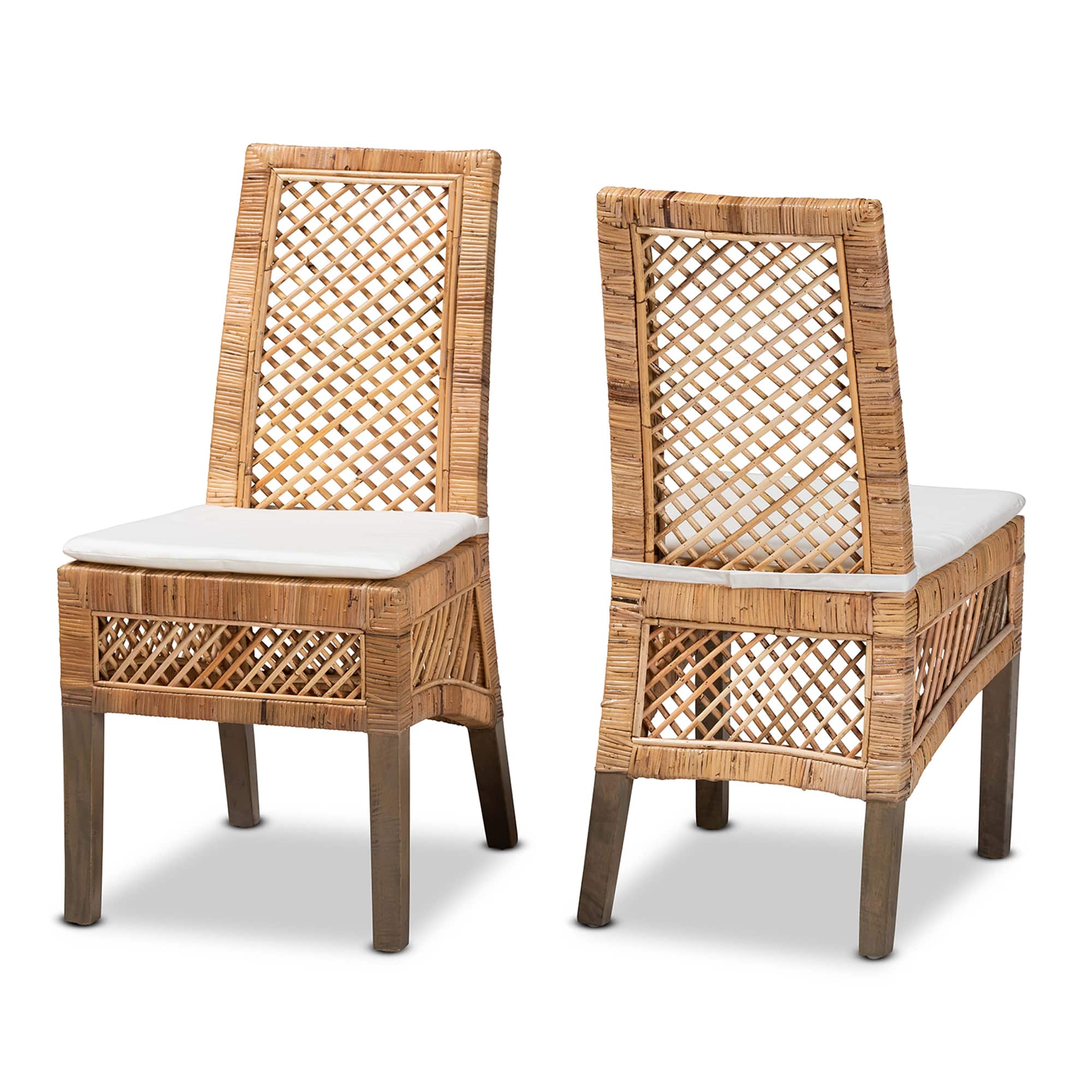 bali & pari - Argos Modern Bohemian Rattan 2-Piece Dining Chair Set - White/Natural Brown