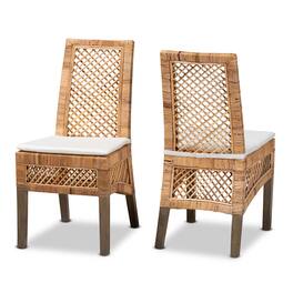 bali & pari - Argos Modern Bohemian Rattan 2-Piece Dining Chair Set - White/Natural Brown