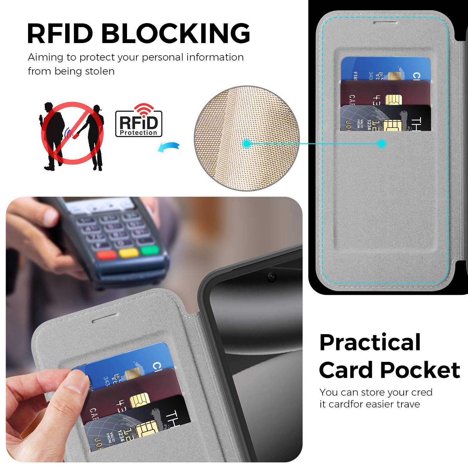 RFID BLOCKING  
Aiming to protect your personal information from being stolen

RFiD Protection

Practical Card Pocket  
You can store your credit card for easier travel