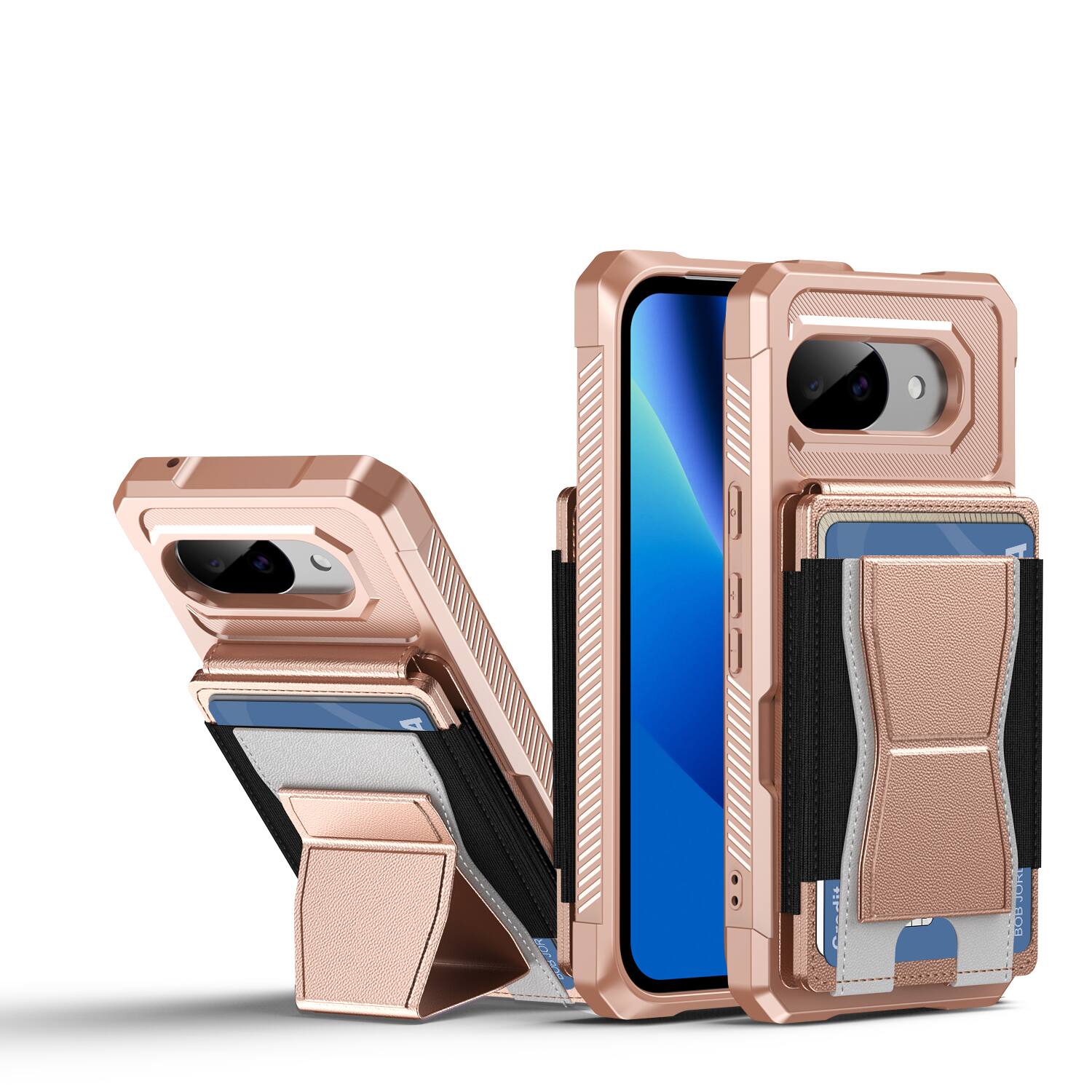 Angle. Dteck - Rugged Wallet Case for Google Pixel 10a, Shockproof Protective Cover with Elastic Card Holder and Kickstand - Rosegold.