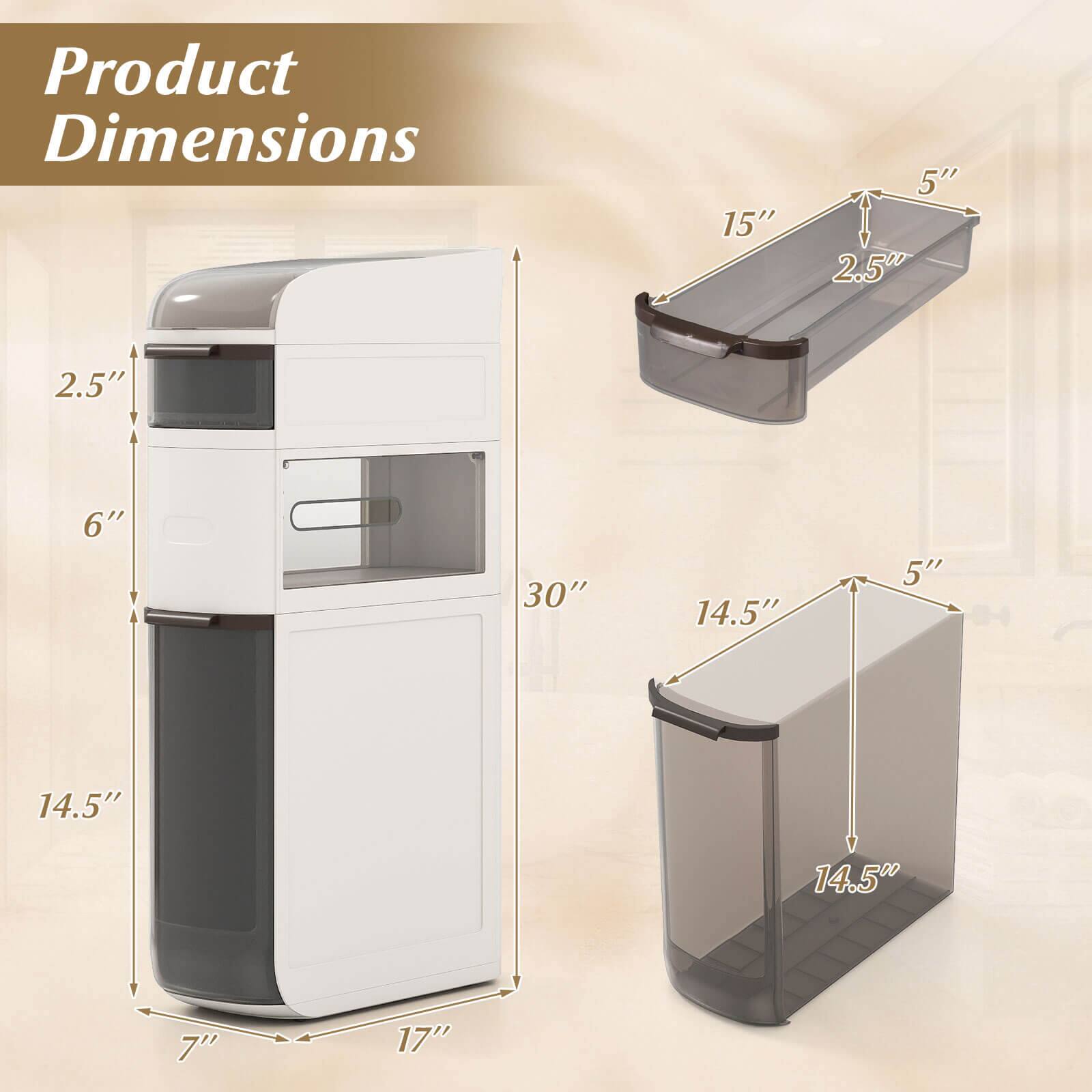 Product Dimensions

- Height: 30"
- Width: 17"
- Depth: 14.5"
- Front to Back: 14.5"
- Side to Side: 14.5"
- Top to Bottom: 6"
- Drawer Dimensions:
  - Length: 15"
  - Width: 5"
  - Height: 2.5"
- Tray Dimensions:
  - Length: 14.5"
  - Width: 5"
  - Height: 2.5"