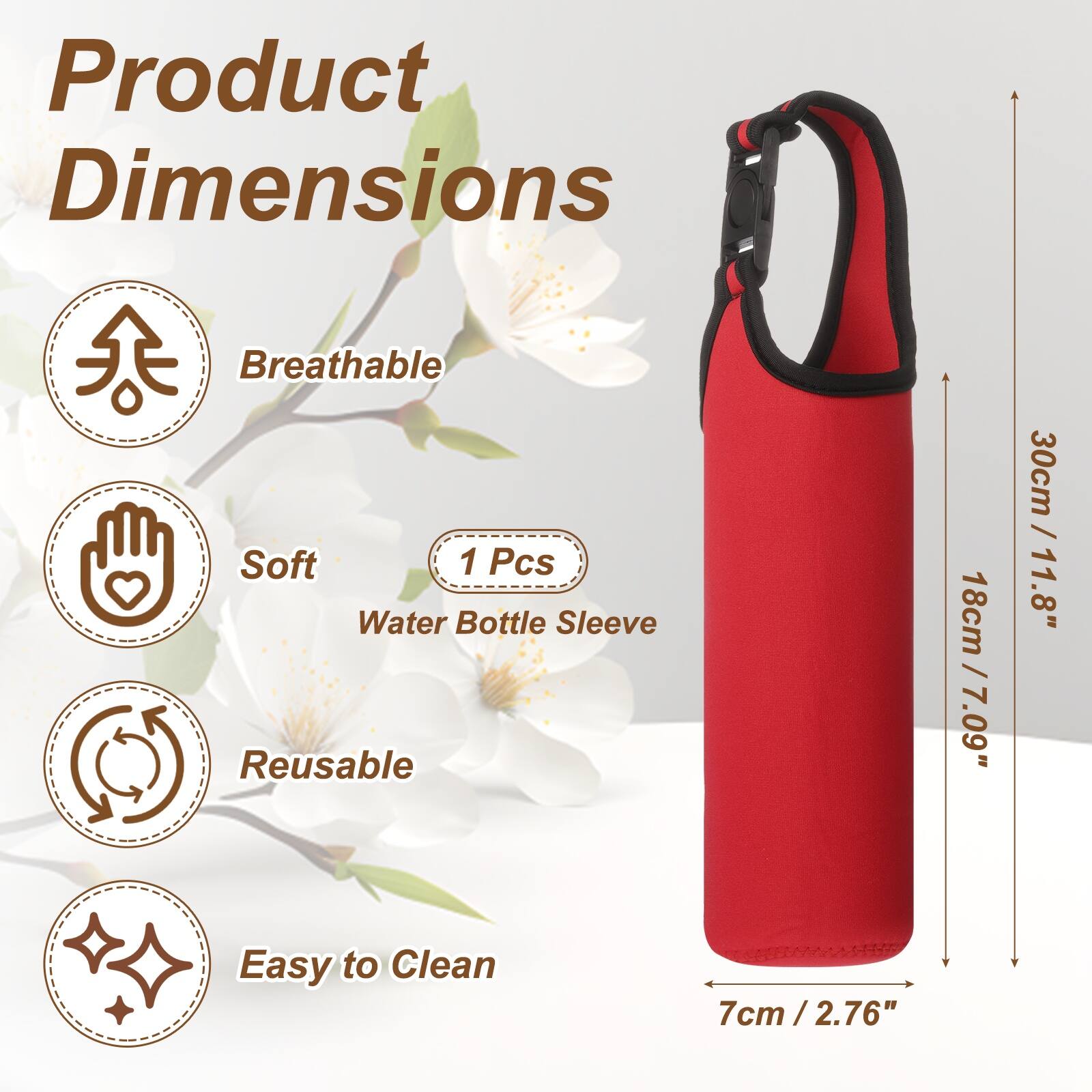 Product Dimensions: Breathable, Soft, 1 Pcs Water Bottle Sleeve, Reusable, Easy to Clean  
18cm / 7.09"  
30cm / 11.8"  
7cm / 2.76"