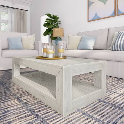 Front. Plank+Beam - Modern Rectangular Coffee Table with Bottom Shelf (40in x 20in / 1020mm x 510mm), White Sand Wirebru - White Sand Wirebrush.