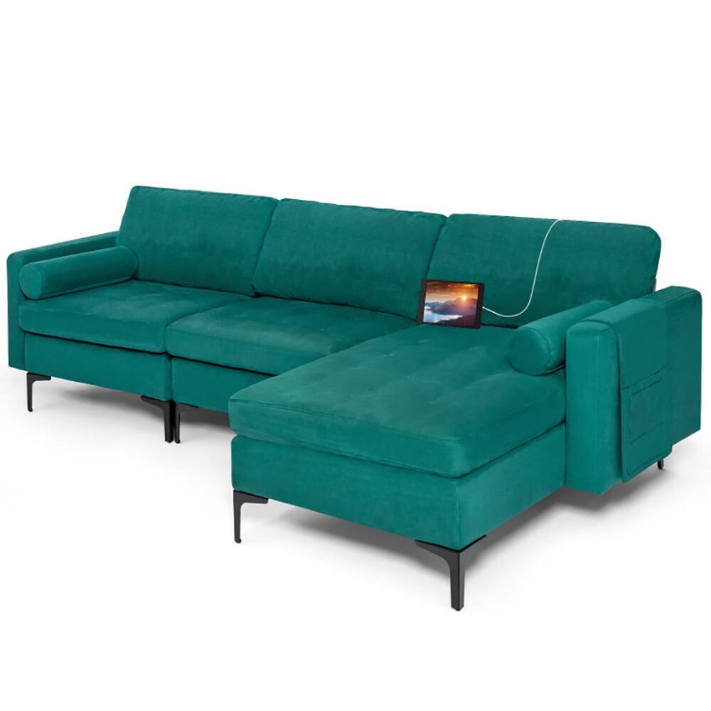 Front. Kadyn - L-Shaped Sectional Sofa Couch with Socket USB Port-3-Seat L-shaped, Sectional Sofa Couch Living Room Sleeper Set - Green.
