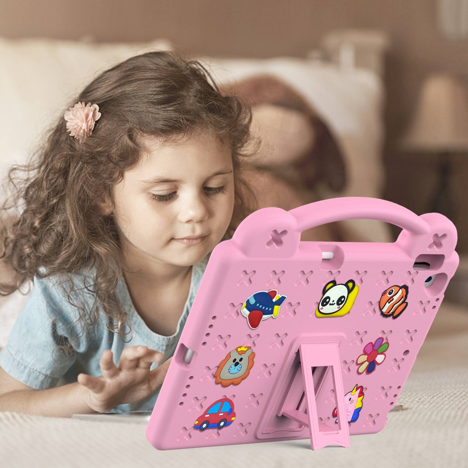 Alt View 3. UUCOVER - Kids Case for iPad 9th 8th 7th Generation 10.2-inch (2021/2020/2019),Shockproof EVA Case Handle Adjustable Stand Cover - Pink.