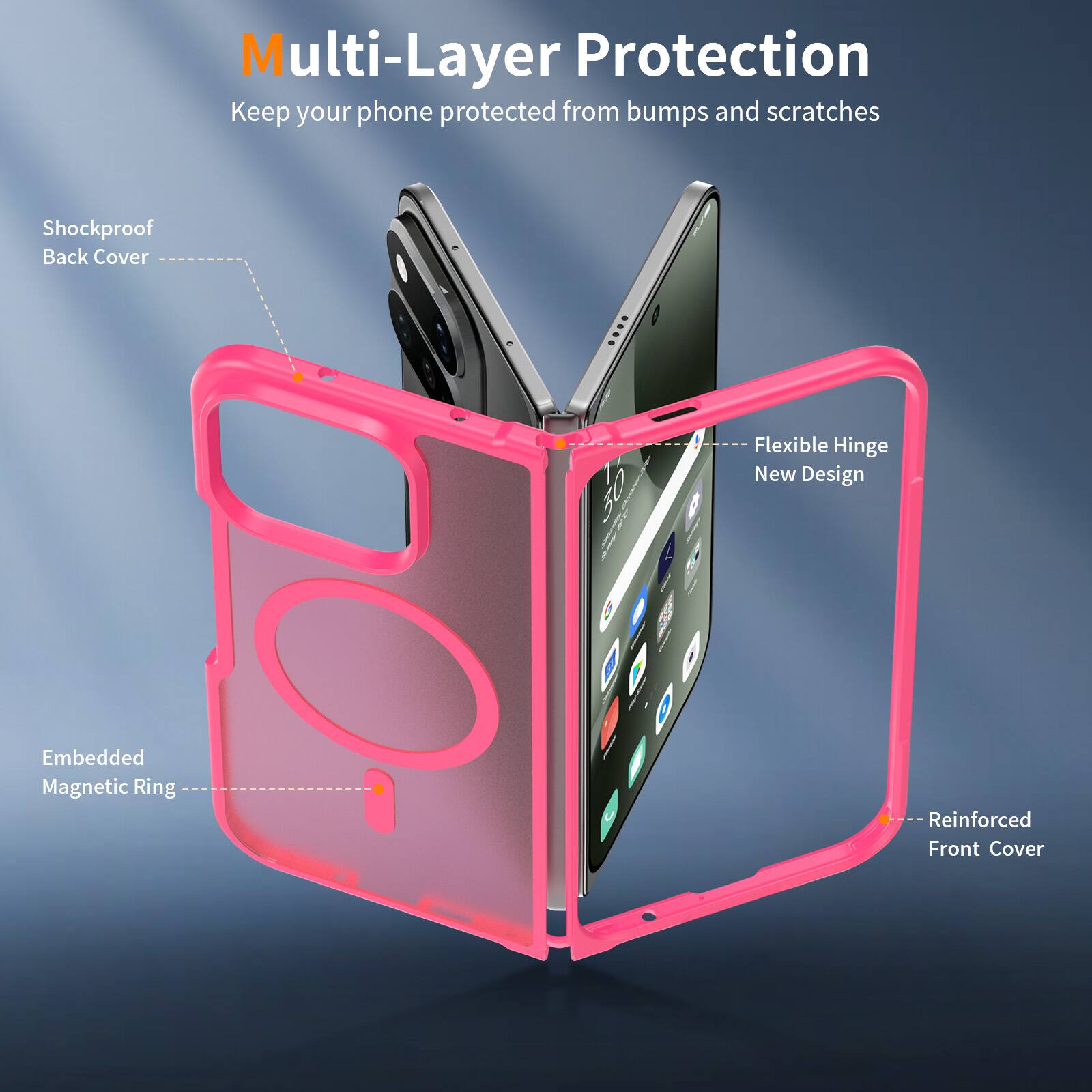 Multi-Layer Protection  
Keep your phone protected from bumps and scratches

- Shockproof Back Cover
- Flexible Hinge New Design
- Embedded Magnetic Ring
- Reinforced Front Cover