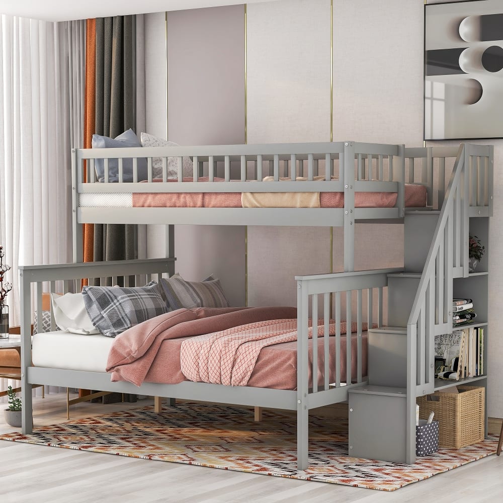 Loheer - Twin Over Full Stairway Bunk Bed with Storage Solid Wood - Gray price history on PriceWatchPro