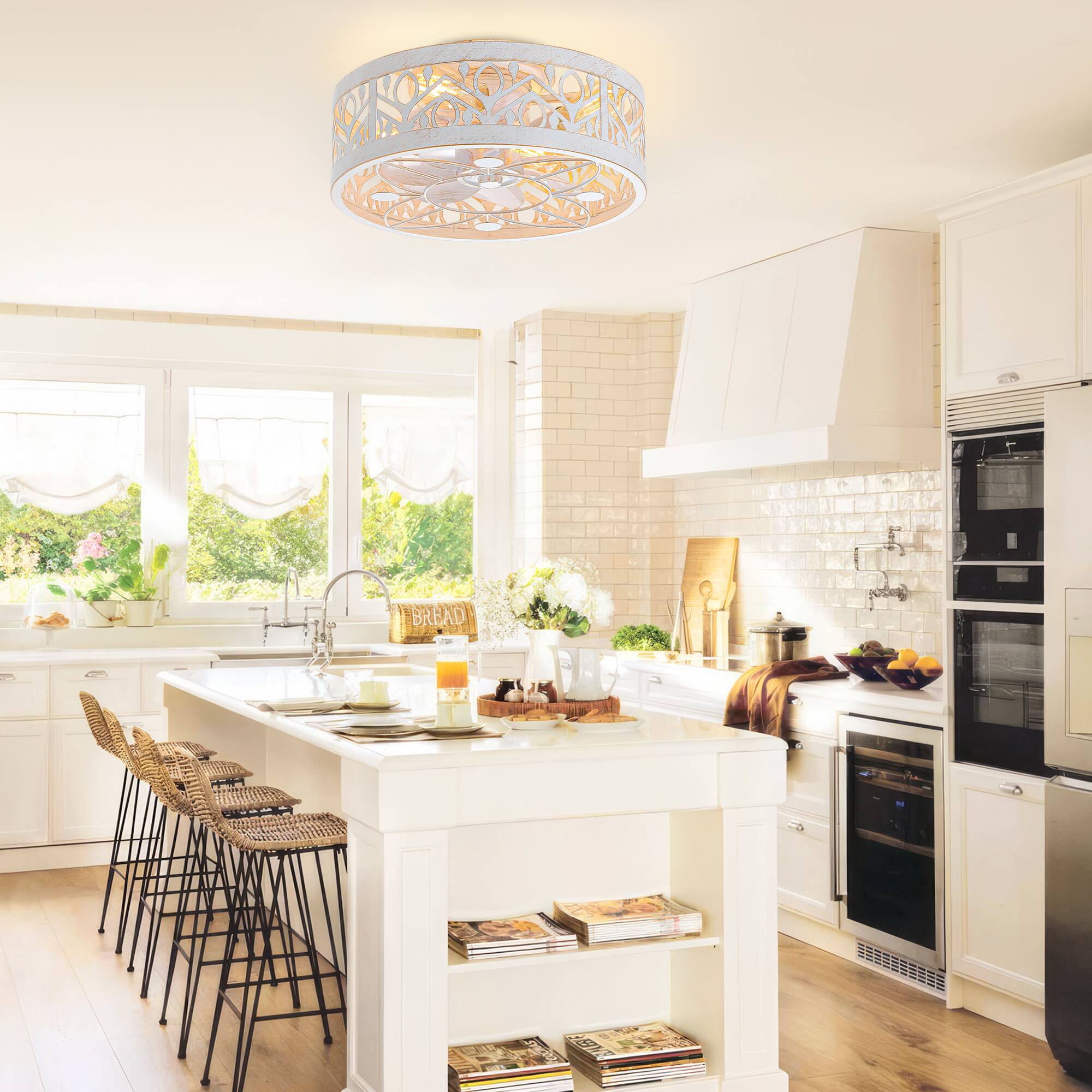 Alt View 2. Breezary - Breezary 16.5'' Indoor Caged Ceiling Fan with  7-Blade, Reversible DC Motor, 6-Speed Remote Control，1-8H Timer - Distressed White and Gold.