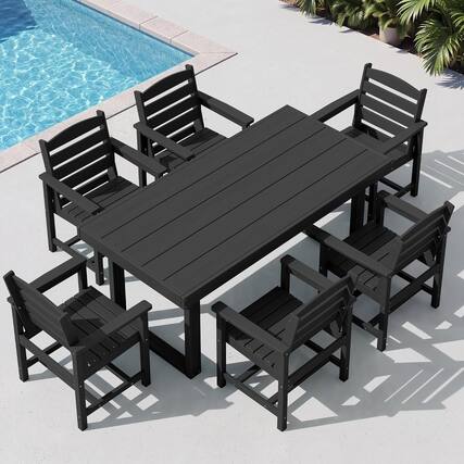 Front. SERWALL - HDPE Outdoor Dining Set for 6, 67'' Patio Table and Chairs Set - Midnight Black.