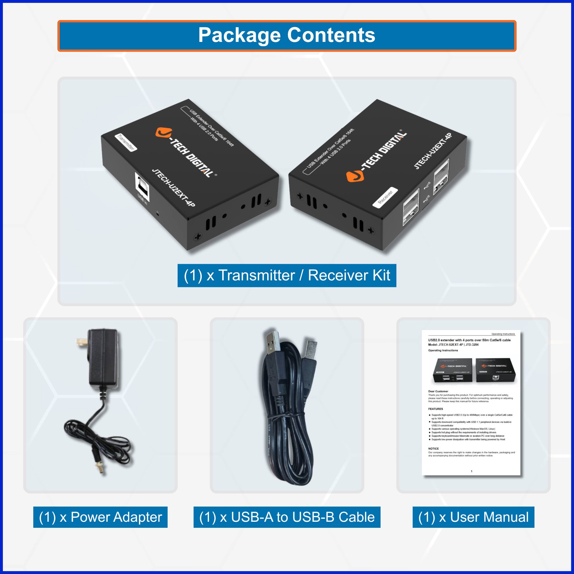 Package Contents

- (1) x Transmitter / Receiver Kit
- (1) x Power Adapter
- (1) x USB-A to USB-B Cable
- (1) x User Manual