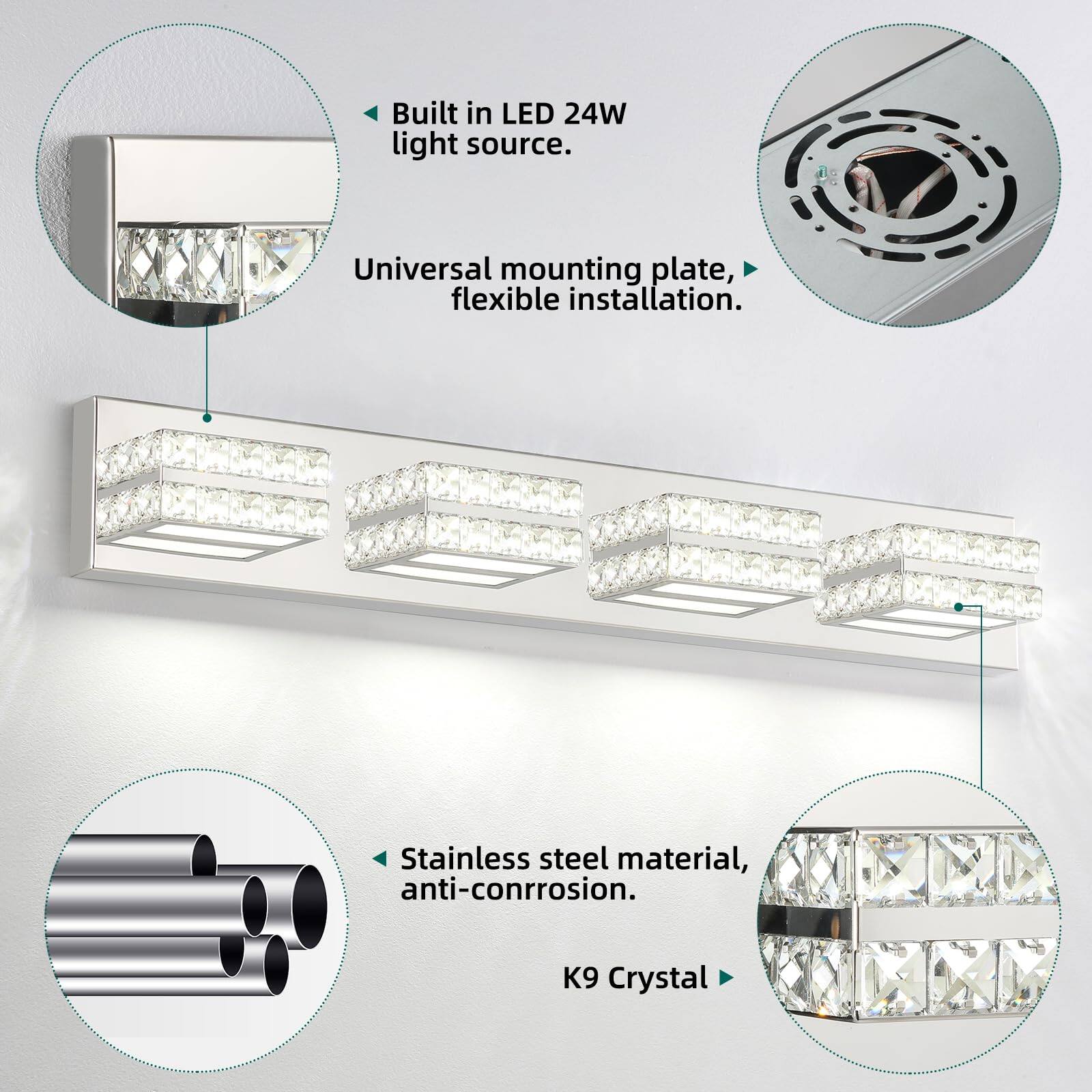 - Built in LED 24W light source.
- Universal mounting plate, flexible installation.
- Stainless steel material, anti-corrosion.
- K9 Crystal.