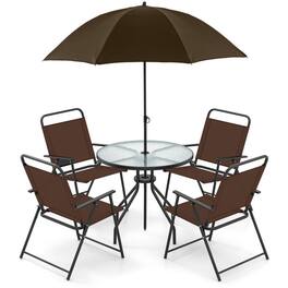 Pefilos - 6 Pieces Patio Dining Set, 4 Folding Chairs and Glass Table with Tilt Umbrella, Patio Dining Set for Outdoor as Garden - Brown