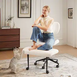 Pinmoco - Fabric Ergonomic Office Chair with Back Support and Wheels Cross-Legged ADHD Adjustable Office Chair - Off-White