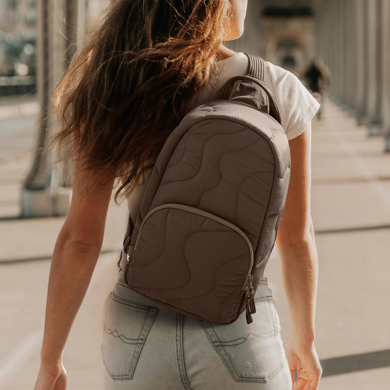 Left. tomtoc - Terra-T36 10L Crossbody Sling Bag Backpack for Women, Trendy Puffer Quilted Padded Bag, Lightweight Travel Chest Bag - Caramel.