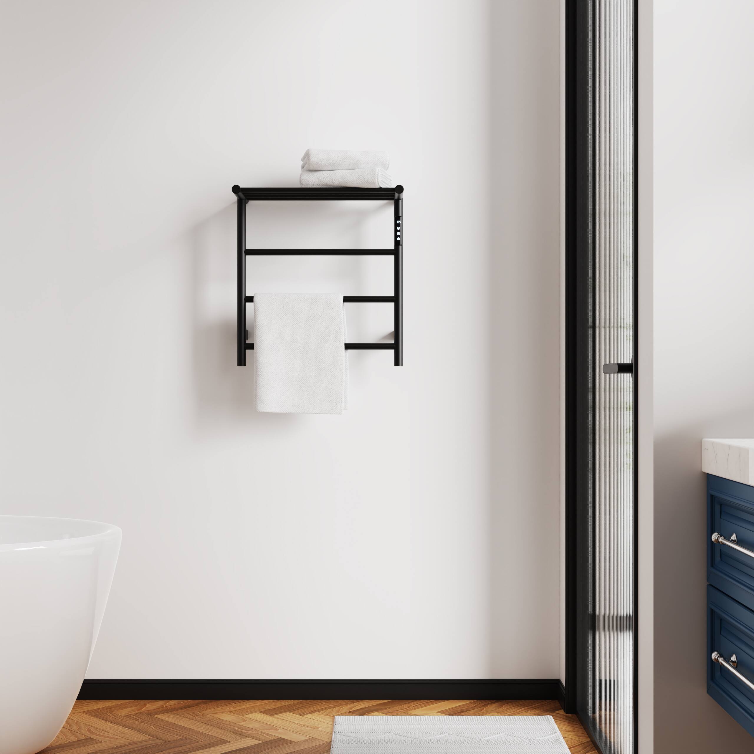 Alt View 1. COWLOWN - Heated Towel Rack w Top Shelf 3-Bar Wall Mounted Warmer Touch Timer 304 Stainless Steel Plug-in Hard-Wired - Stainless Steel Finish (Silver).