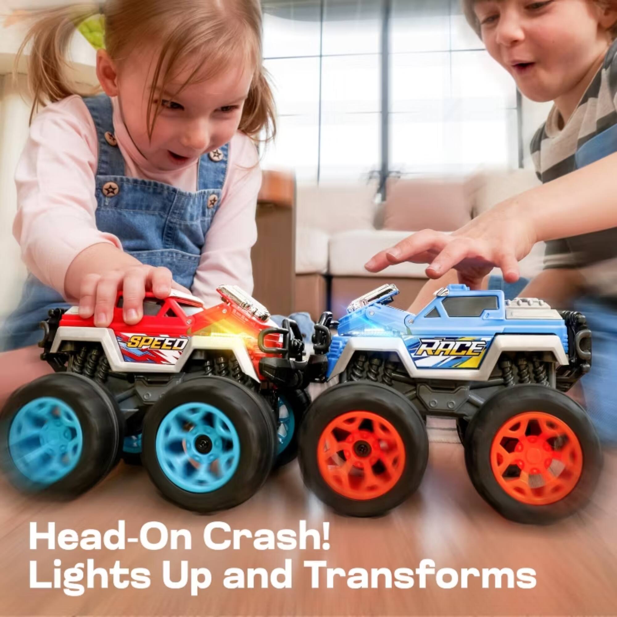 SPEED Monster Truck RACE Head-On Crash! Lights Up and Transforms