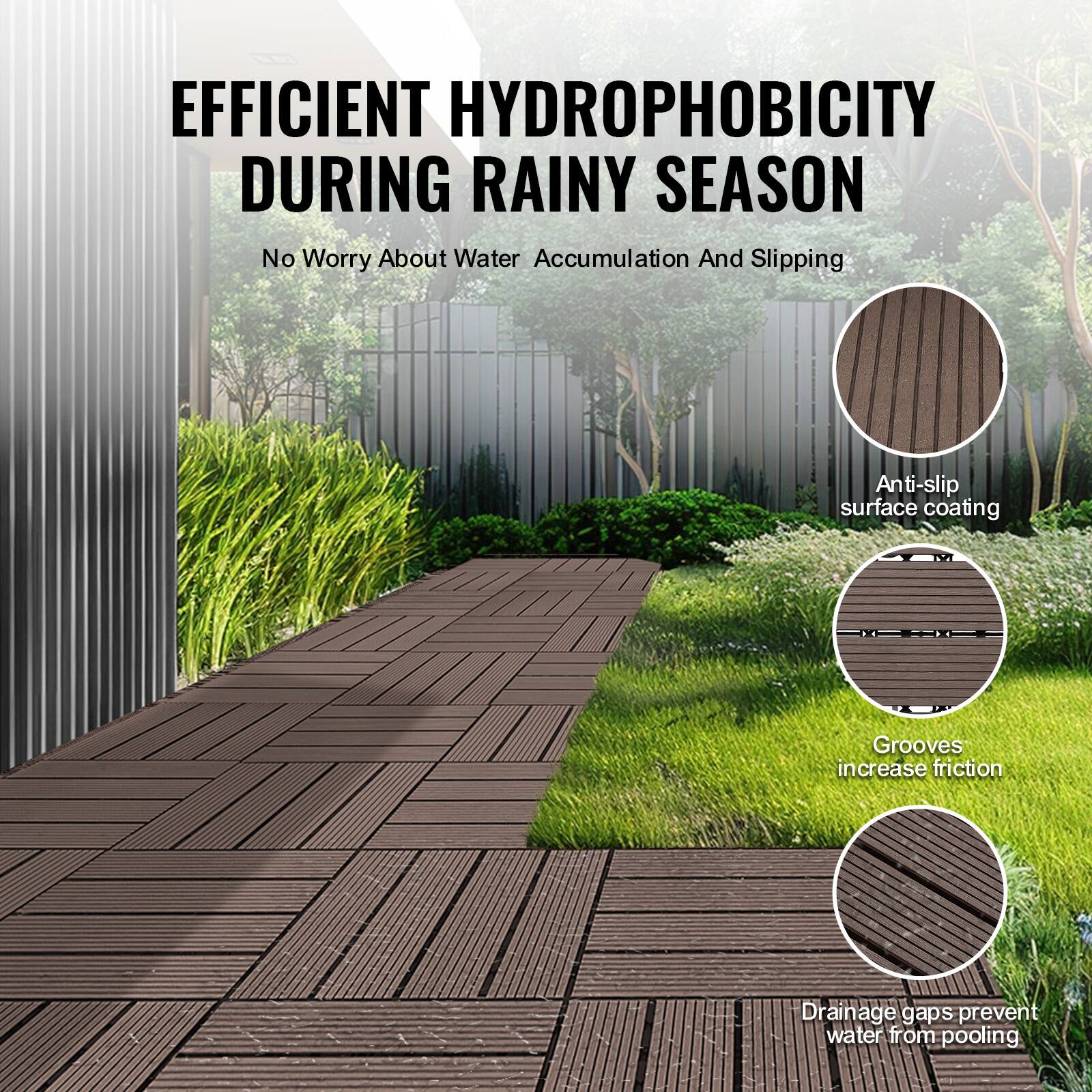 EFFICIENT HYDROPHOBICITY DURING RAINY SEASON  
No Worry About Water Accumulation And Slipping  

- Anti-slip surface coating  
- Grooves increase friction  
- Drainage gaps prevent water from pooling