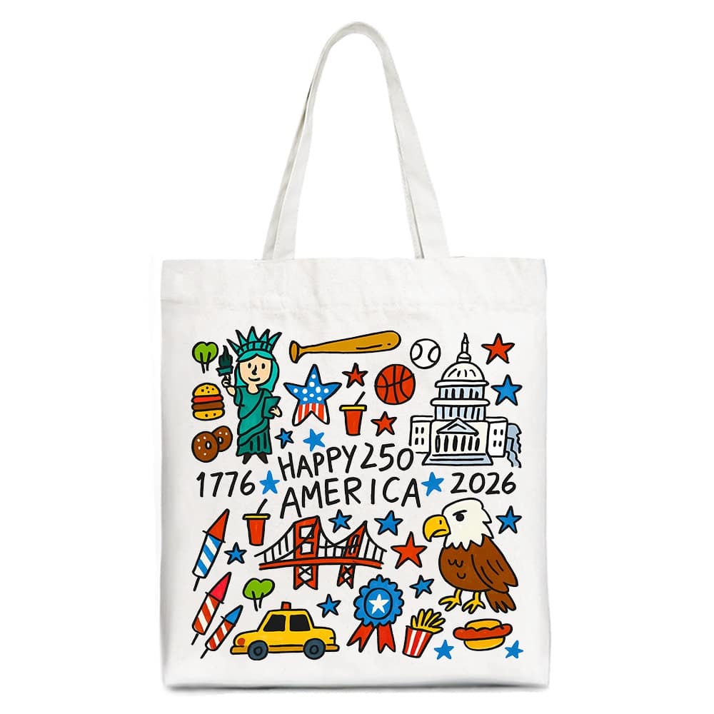 OrnamentallyYou - Happy 250 America Doodle Tote Bag, Patriotic USA 1776-2026 250th Anniversary Gift Shopper - White