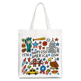 OrnamentallyYou - Happy 250 America Doodle Tote Bag, Patriotic USA 1776-2026 250th Anniversary Gift Shopper - White