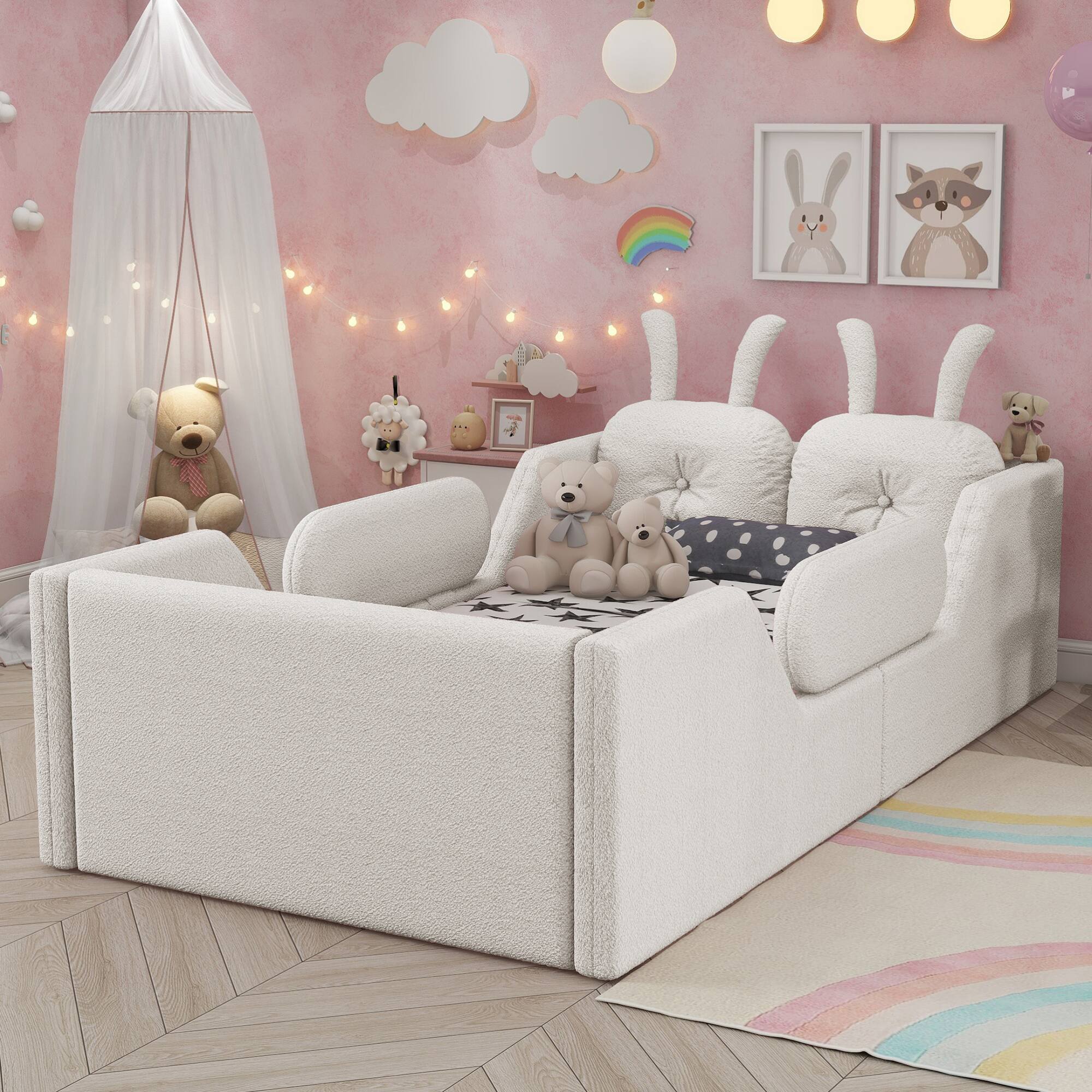 Angle. GOODSILO - Twin Size Upholstered Platform Bed with Decorative Cushions and Removable Safety Rails for Children - White.