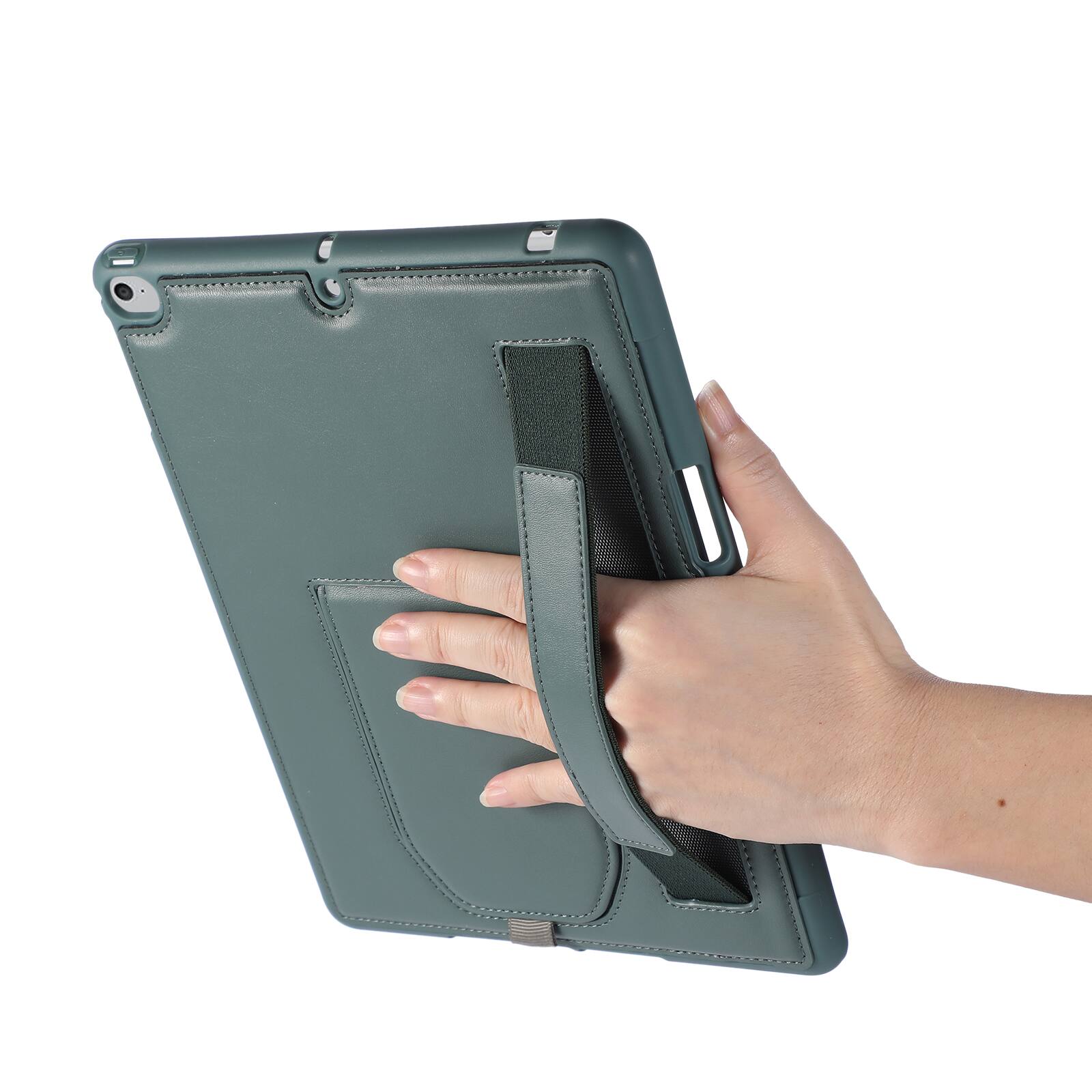 Angle. Dteck - Shockproof Case for Apple iPad (6th Generation) 9.7" 2018 with Hand Strap and Kickstand, PU Leather TPU Protective Cover - Darkgreen.