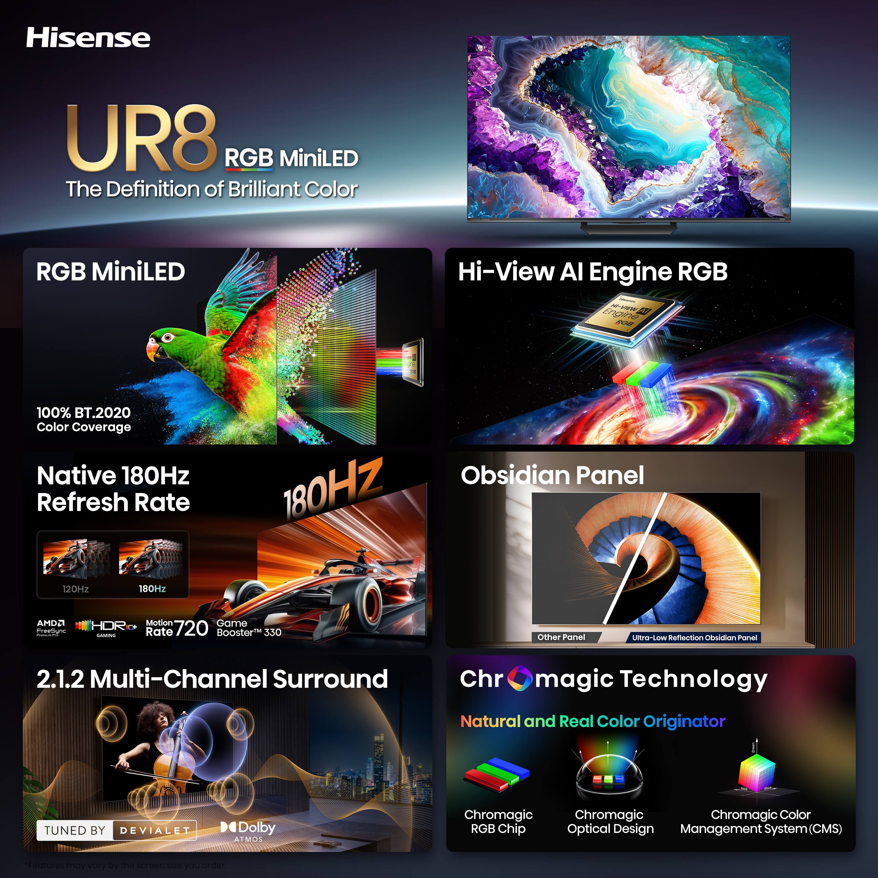 Hisense  
UR8 RGB MiniLED  
The Definition of Brilliant Color  

RGB MiniLED  
100% BT.2020 Color Coverage  

Hi-View AI Engine RGB  

Native 180Hz Refresh Rate  
120Hz 180Hz  
AMD FreeSync  
Motion Game Rate 720 Booster 330  

Obsidian Panel  
180HZ  
Ultra-Low Reflection Obsidian Panel  

2.1.2 Multi-Channel Surround  
TUNED BY DEVIALET  
Dolby ATMOS  

Chr magic Technology  
Natural and Real Color Originator  
Chromagic RGB Chip  
Chromagic Optical Design  
Chromagic Color Management System (CMS)  

"Features may vary by the screen size you order.