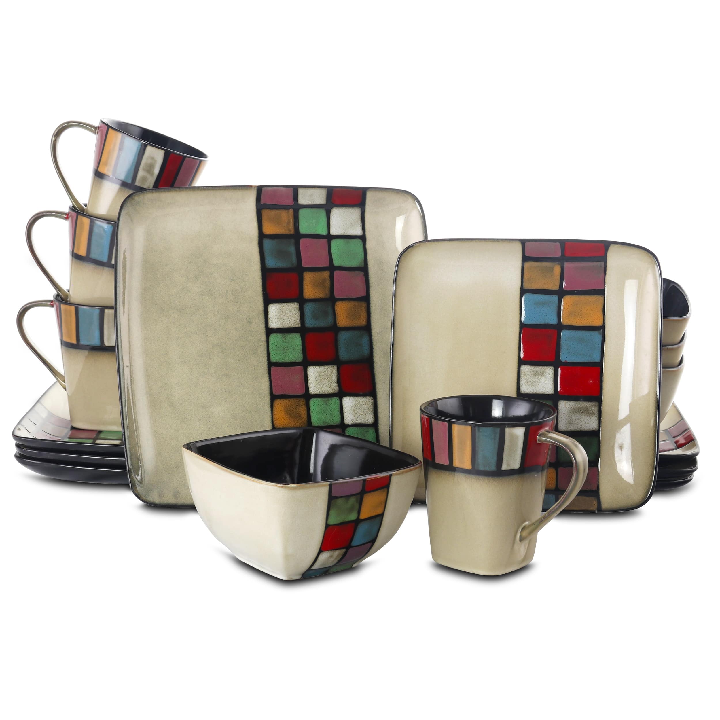 Elama - Color Melange 16 Piece Multicolored Square Stoneware Dinnerware Set - Beige and Multi
