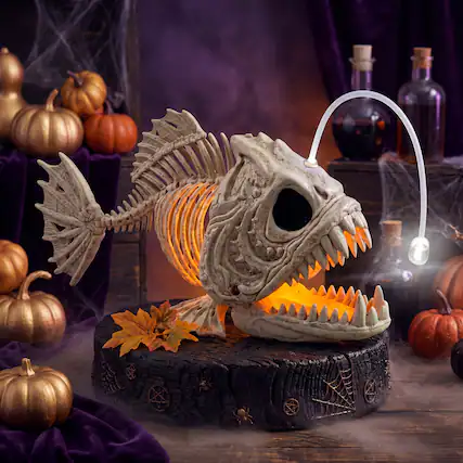 Front. Joyfy - Halloween Skeleton Lantern Fish with LED Eyes - 10.2” Plastic Bone Decor for Indoor Outdoor Party, Spooky Scene Prop - White.