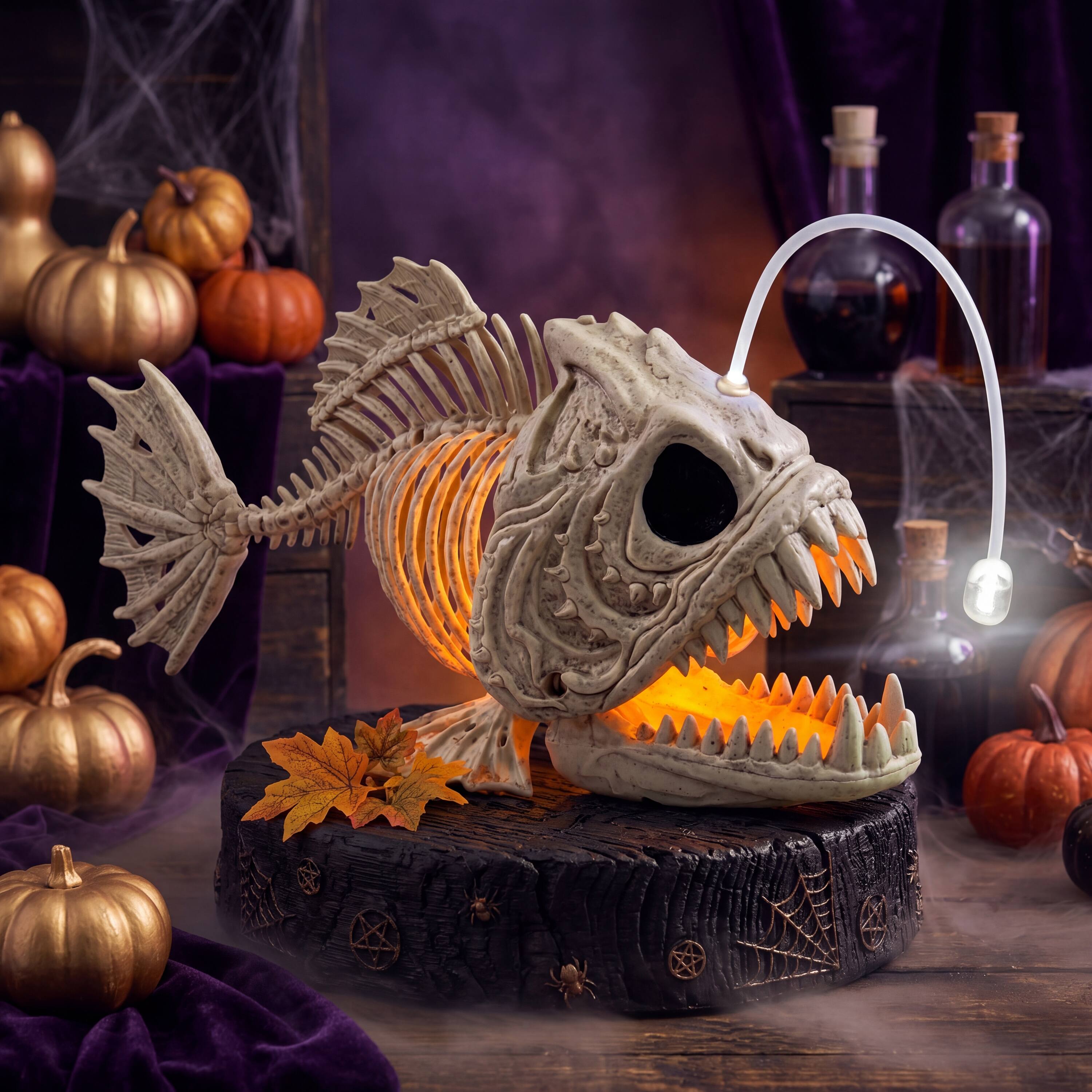 Front. Joyfy - Halloween Skeleton Lantern Fish with LED Eyes - 10.2” Plastic Bone Decor for Indoor Outdoor Party, Spooky Scene Prop - White.