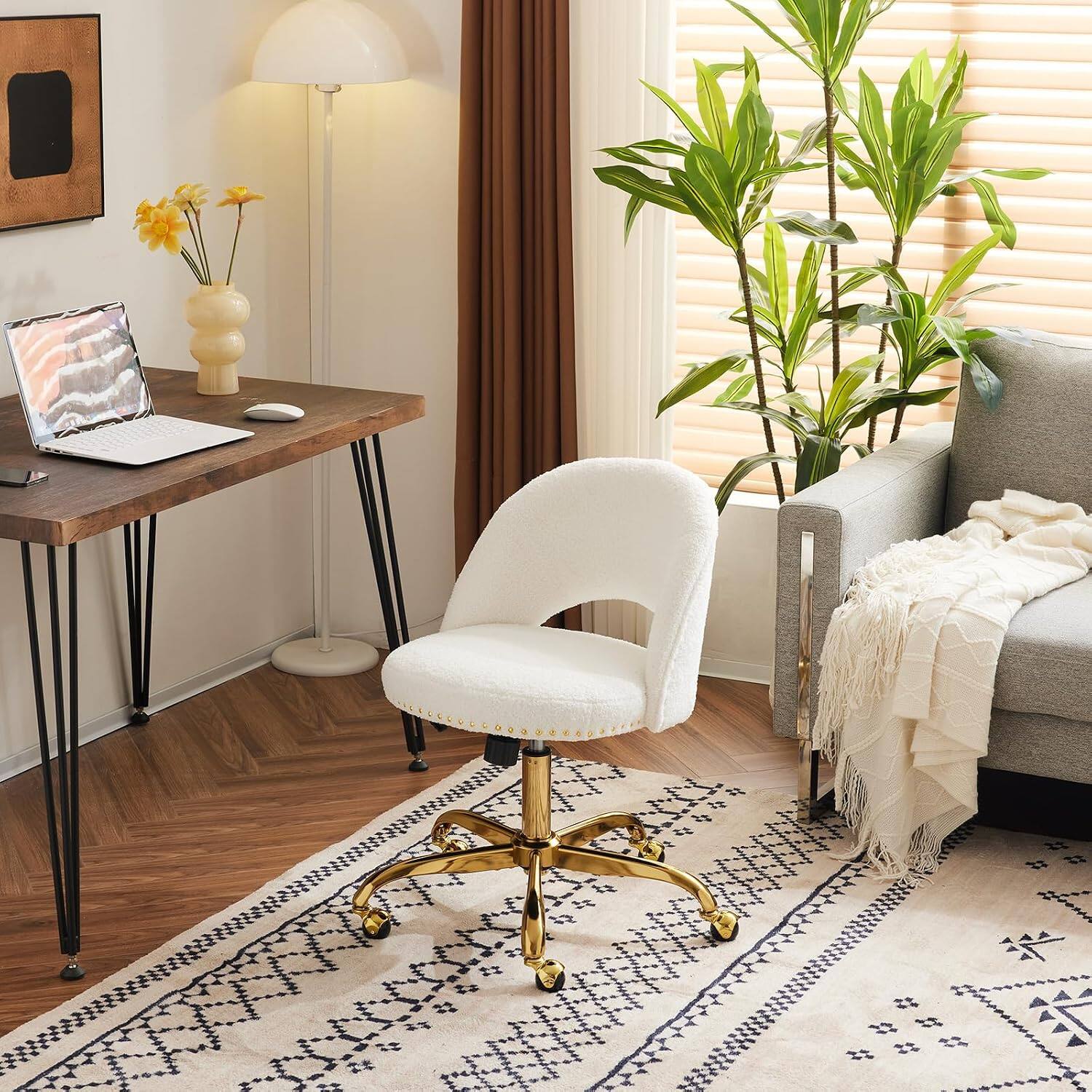 Alt View 8. Winado - Modern Velvet Cute Desk Chair with Wheels,Gold Base/Studs, Comfy Armless Swivel Vanity Task Nail Tech Chair for Bedroom - White-Teddy Fleece.
