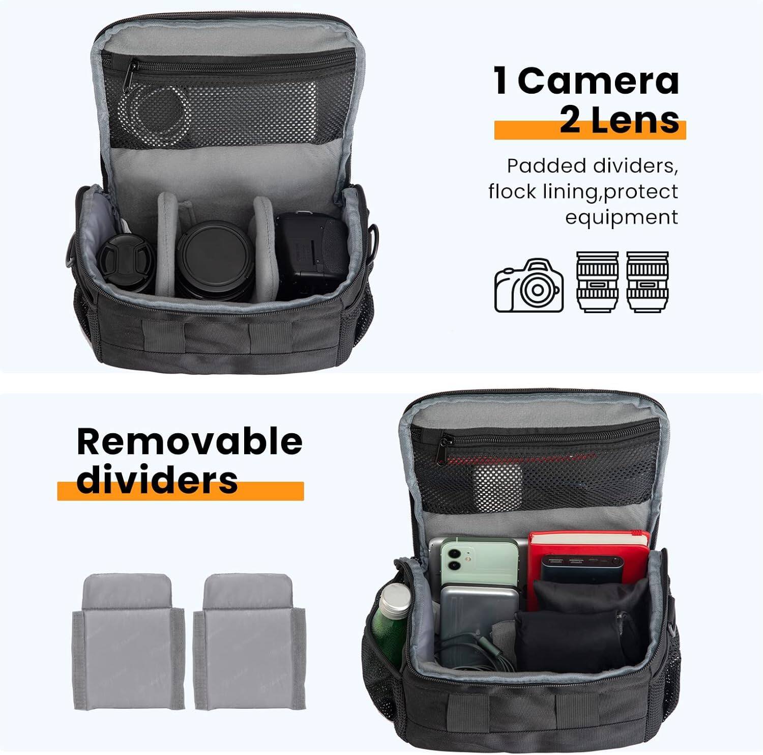 1 Camera  
2 Lens  

Padded dividers, flock lining, protect equipment  

Removable dividers