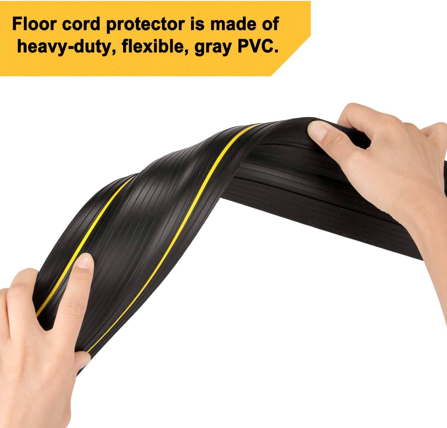 Floor cord protector is made of heavy-duty, flexible, gray PVC.