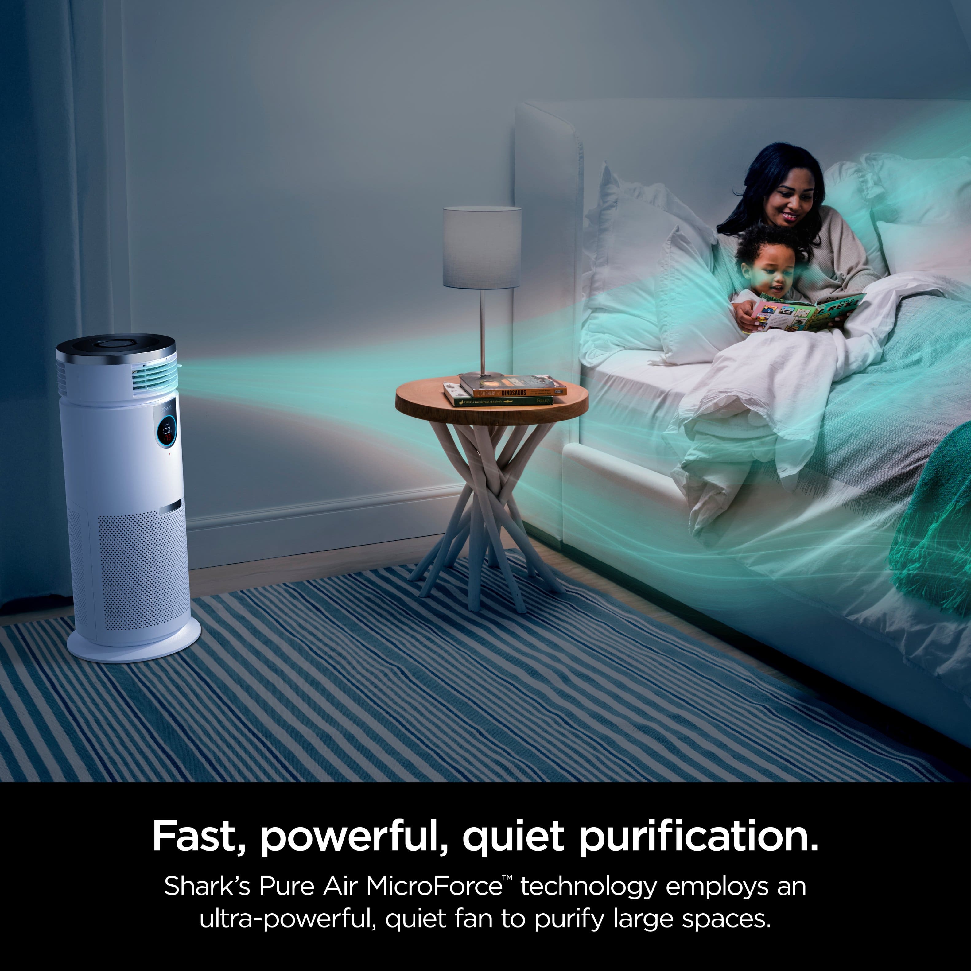 Fast, powerful, quiet purification. Shark's Pure Air MicroForce technology employs an ultra-powerful, quiet fan to purify large spaces.