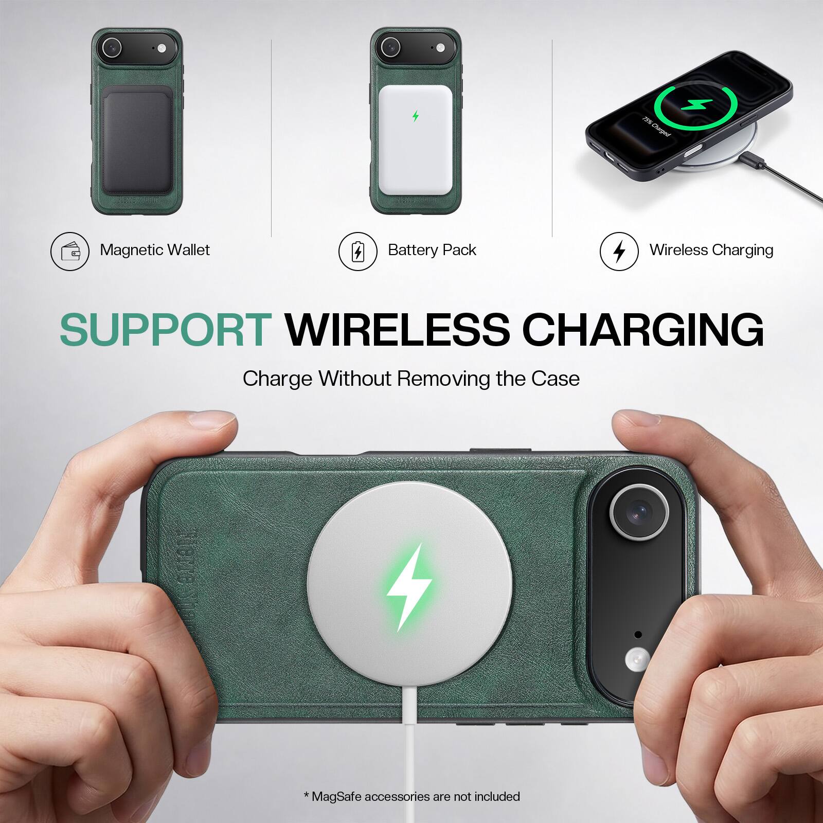 NSI Charged  
Magnetic Wallet  
Battery Pack  
Wireless Charging  
SUPPORT WIRELESS CHARGING  
Charge Without Removing the Case  
*MagSafe accessories are not included