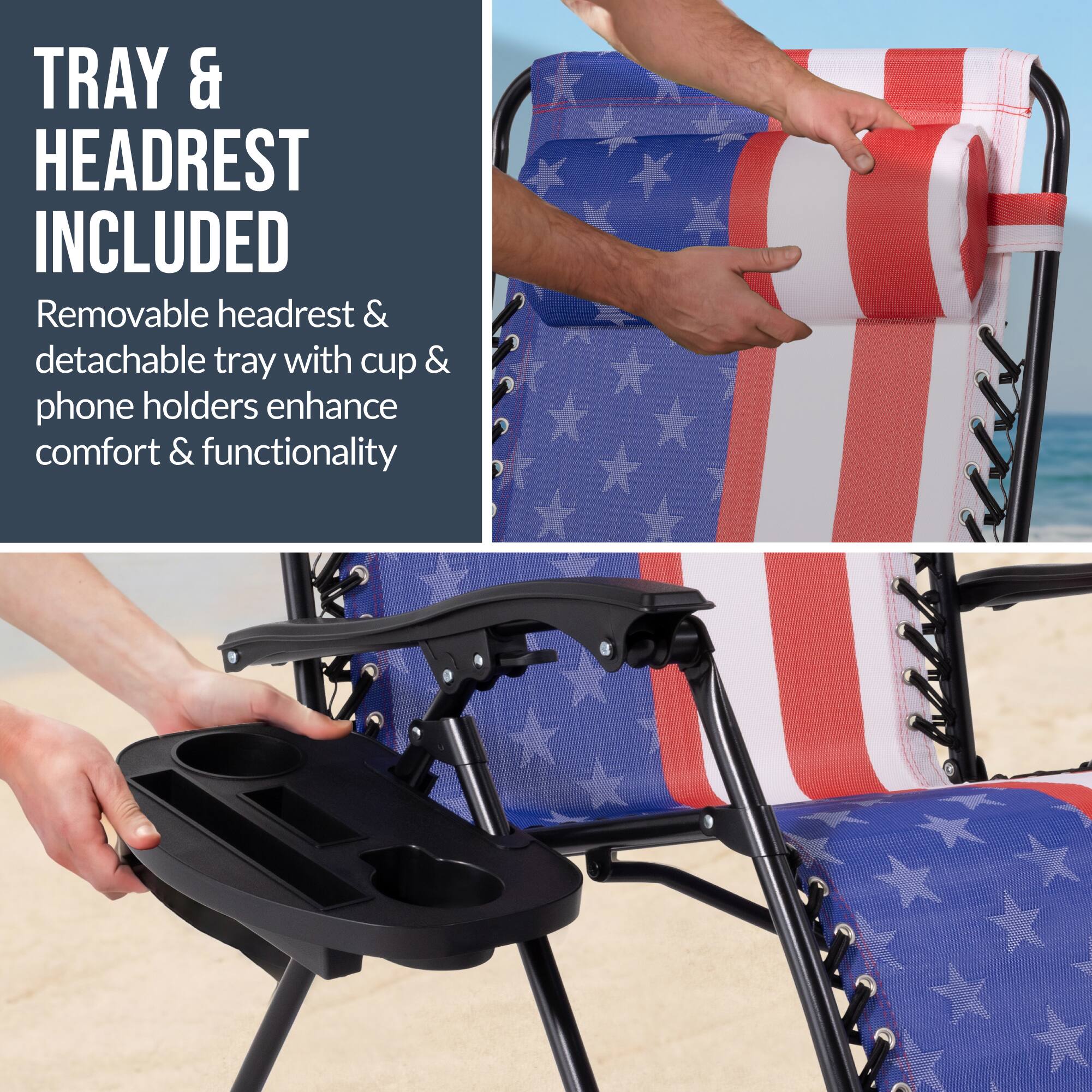TRAY & HEADREST INCLUDED

Removable headrest & detachable tray with cup & phone holders enhance comfort & functionality